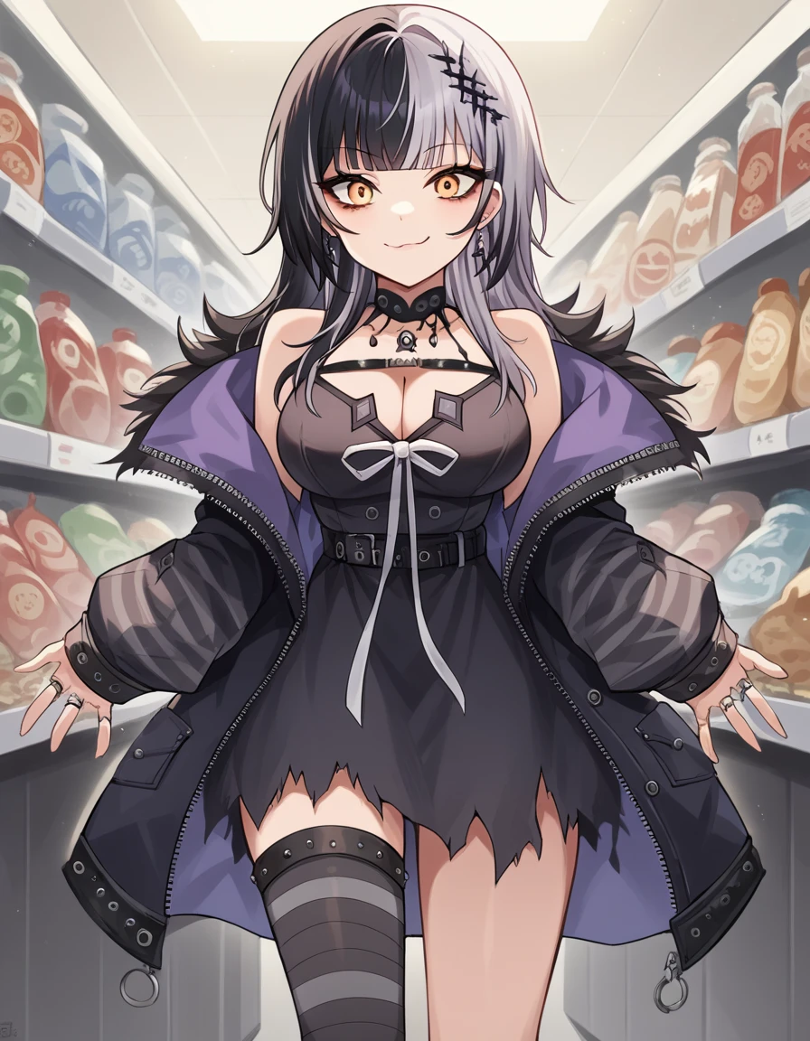 score_9, score_8_up, score_7_up, source_anime, <lora:shiori-novella-ponyxl-lora-nochekaiser:1>, shiori novella, black hair, blunt bangs, large breasts, long hair, multicolored hair, sidelocks, split-color hair, two-tone hair, straight hair, streaked hair, yellow eyes, grey hair,, belt, black choker, black dress, black thighhighs, buckle, chain, choker, cleavage, cleavage cutout, clothing cutout, coat, collarbone, detached sleeves, dress, earrings, fur-trimmed coat, fur trim, goth fashion, grey dress, grey thighhighs, jewelry, kneehighs, layered dress, multiple belts, multiple rings, off shoulder, open clothes, open coat, pendant, pendant choker, ribbon, ring, short dress, single kneehigh, single thighhigh, sleeves past wrists, spaghetti strap, striped clothes, striped sleeves, striped thighhighs, thighhighs, torn clothes, torn coat, torn dress, two-sided coat, two-sided fabric, unbuttoned, unzipped, white ribbon, zipper, zipper pull tab, grocery store, cashier, shopping bag, scanning items, small talk, everyday routine, , looking at viewer, crossed arms, smug, solo,, cowboy shot, dutch angle