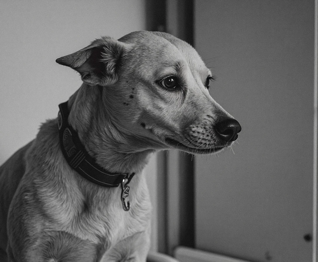 GRUNGE, black and white image of a golden terrier dog