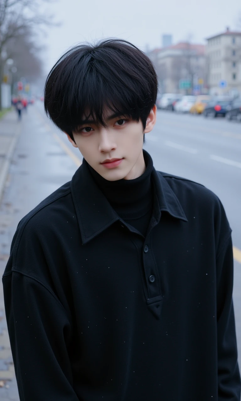 Solo, reddened eyes, 1boy, male focus, shirt, dark hair, shirt, realistic, collared shirt, upper torso, water, looking at audience, dark eyes, long sleeves, short hair, outdoors, realistic street, facing audience, snowing. Turtleneck Sweater, Reddened Eyes