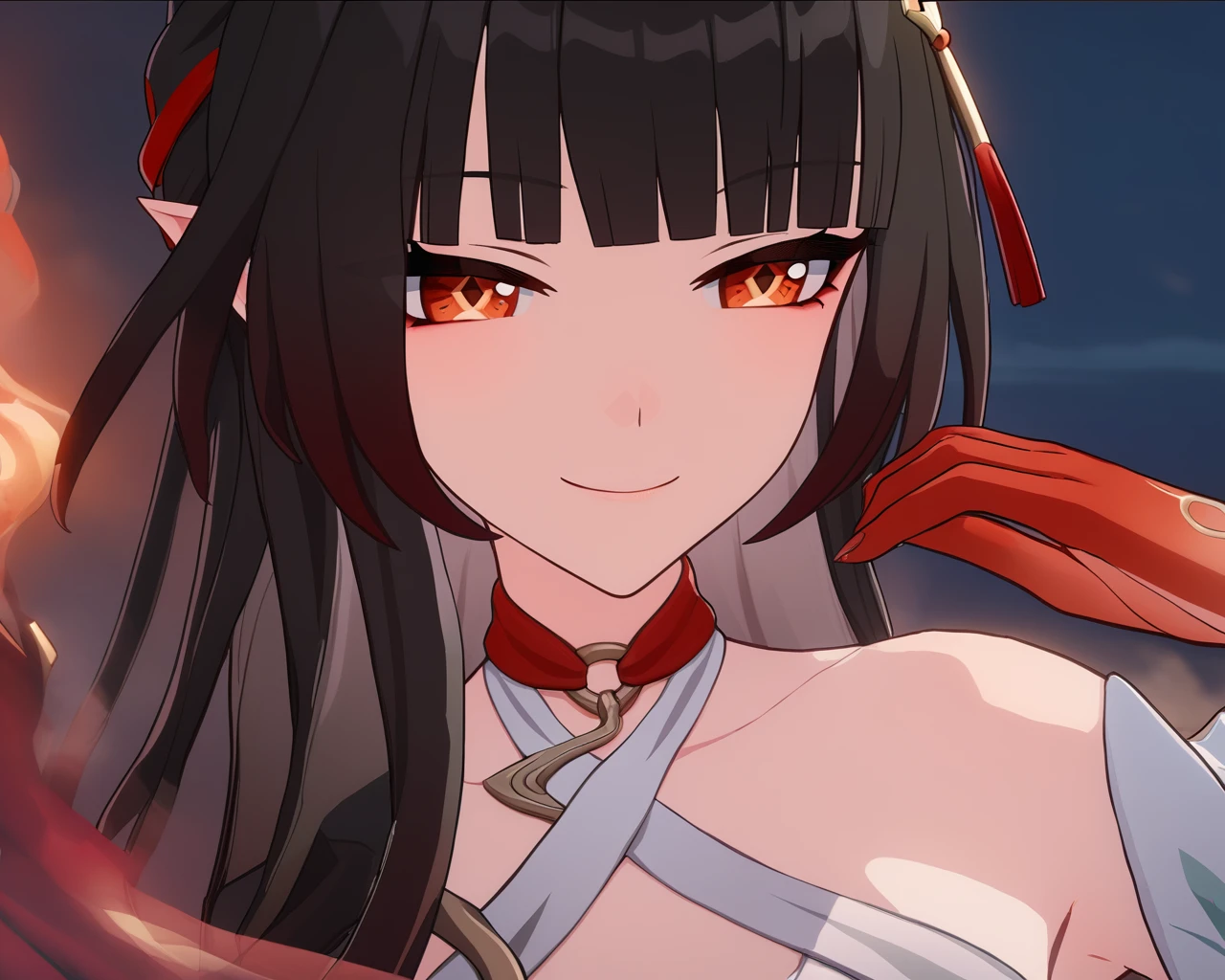 <lora:lingsha_reisa_animagine30_loraplus-000015:0.9> game cg, 1girl, lingsha, red limbs, orange eyes, black hair, multicolored hair, long hair, bangs, pointy ears, 
smile, smoke, upper body,, masterpiece,best quality,