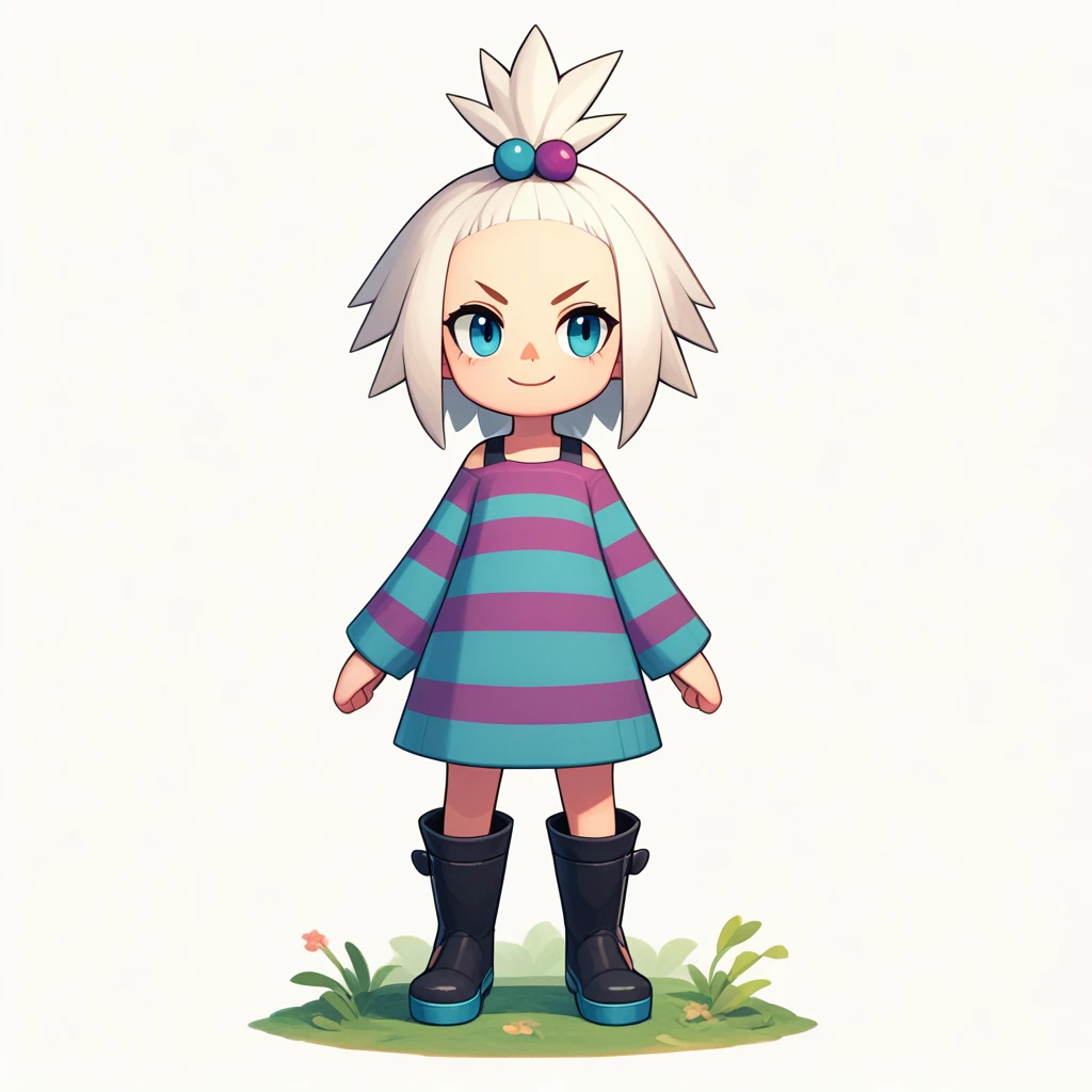 score_9, score_8_up, score_7_up, score_6_up, score_5_up, score_4_up, acartstyle, rating_safe, 1girl, zzRoxie, solo, standing, full body, smile, blue eyes, white hair, hair bobbles, topknot, striped dress, knee boots, black footwear