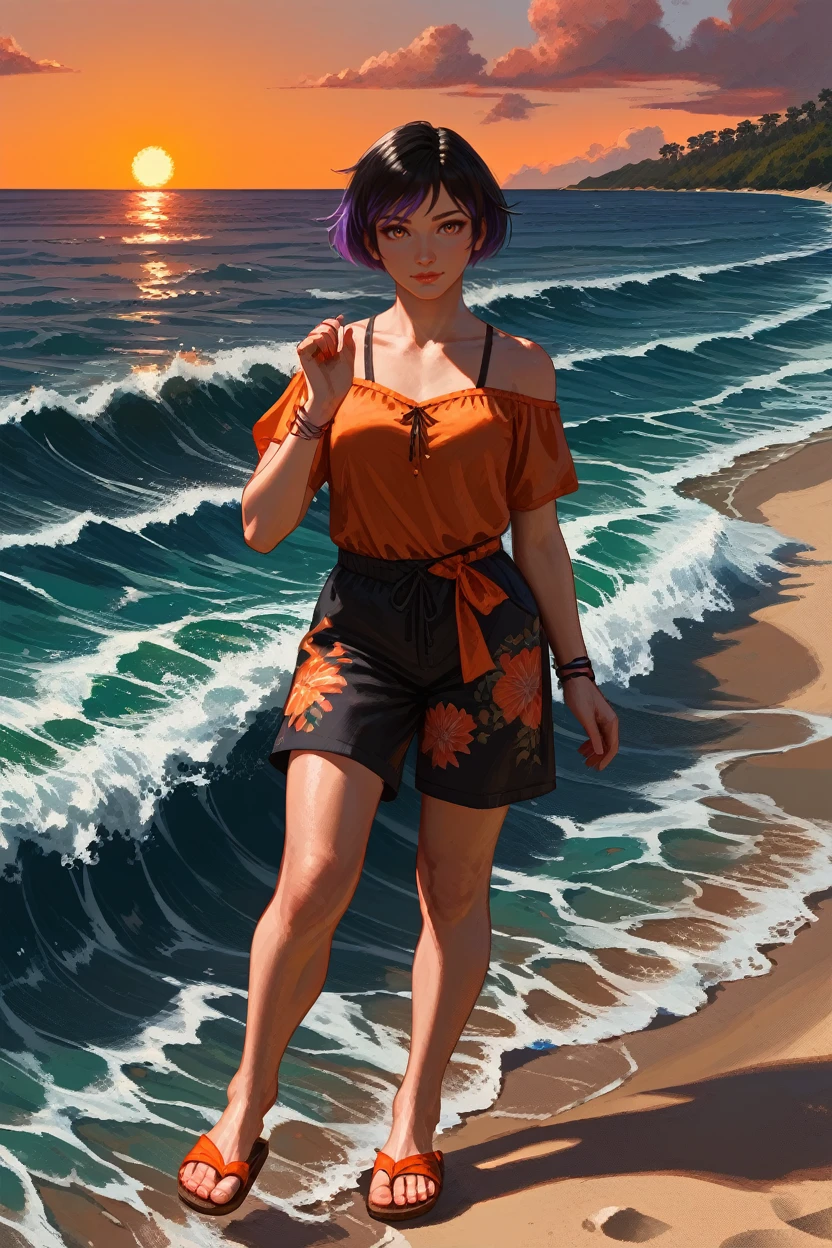 score_9, score_8_up, score_7_up, 
<lora:TKReina:0.8>
TKReina, 1girl, black hair, purple hair, multicolored hair, short hair, looking at viewer, walking barefoot on a sandy beach, holding sandals in one hand, waves gently lapping at the shore, vibrant sunset with pink and orange hues, relaxed and contemplative atmosphere