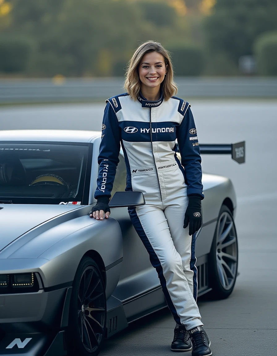 a 30yo woman wearing a racing suit stood next to a hyundai nvision concept, she's leaning on the car, grinning