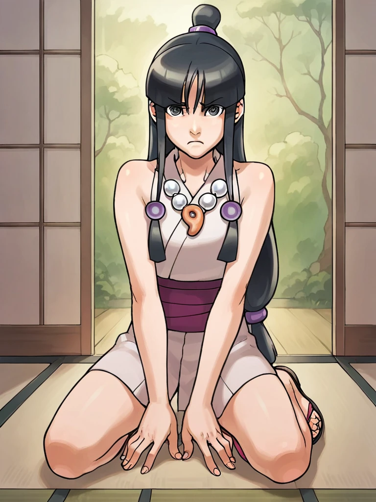 score_9, score_8_up, score_7_up, 
1girl, maya fey, black hair, blunt bangs, long hair, half updo, topknot, low-tied long hair, black eyes,

frown,  looking at viewer,

kneeling, tatami, geta, sandals, kimono, short kimono, sleeveless,