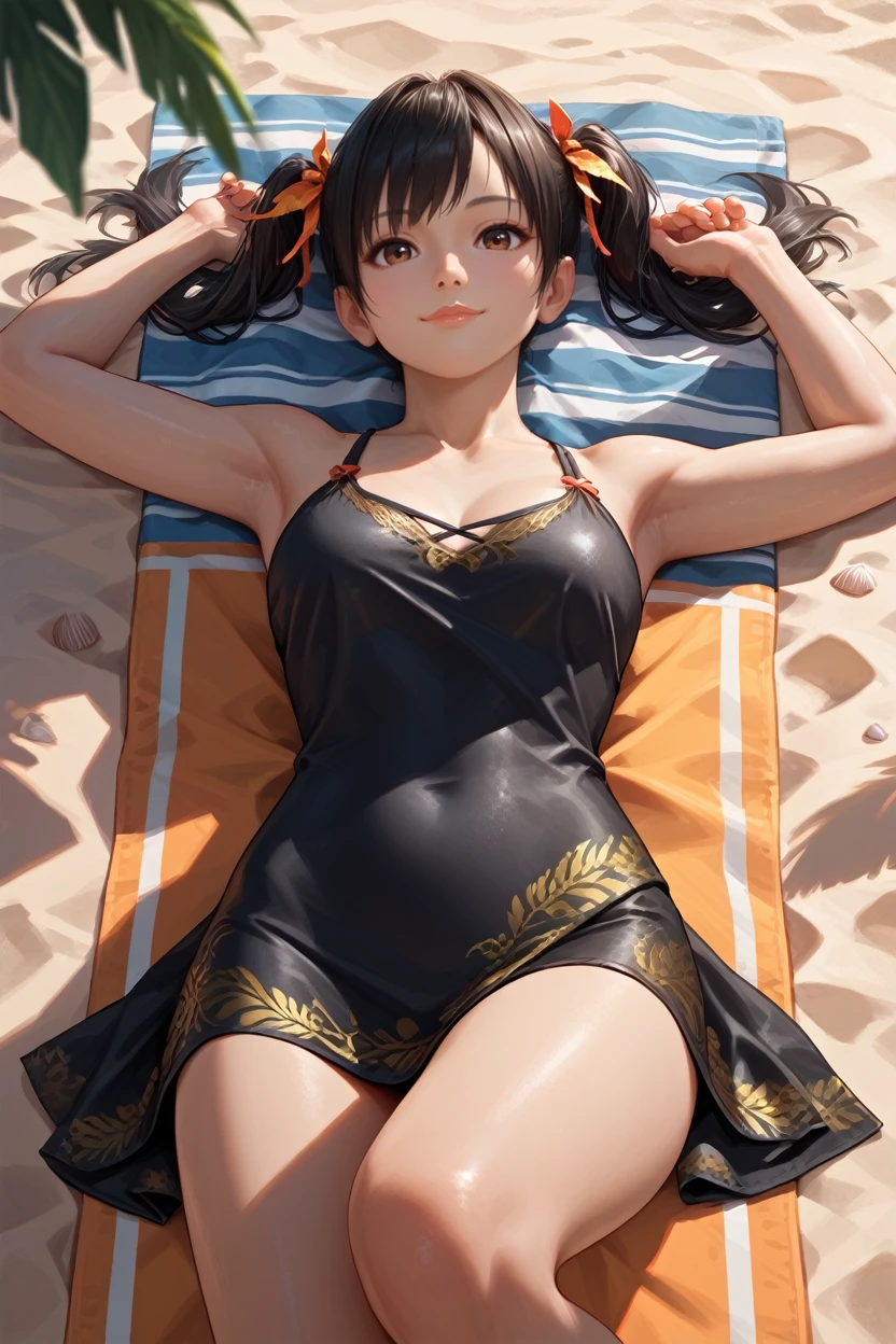 score_9, score_8_up, score_7_up, 
<lora:TKXiaoyu:0.8>
TKXiaoyu, 1girl, twin tails, black hair, brown eyes, looking at viewer, looking at viewer, seductive smile, lying, on towel, beach, sunbathing, from above