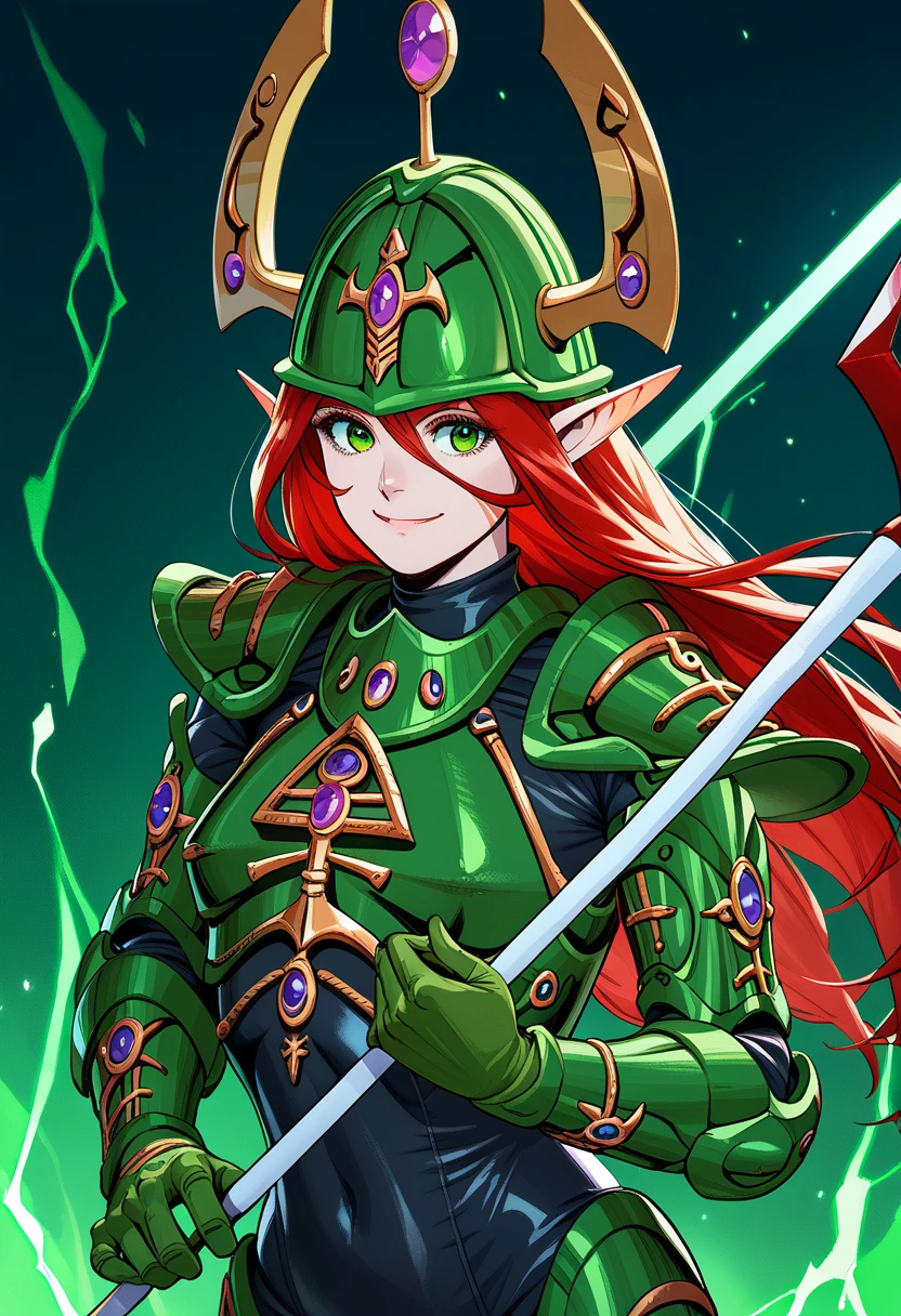 solo, farseermacha, farseer armor, gloves, green helmet, green armor, pauldrons, holding eldarspear, black bodysuit, red hair, long hair, green eyes, light smile,  long pointy ears,

score_9, score_8, score_7
