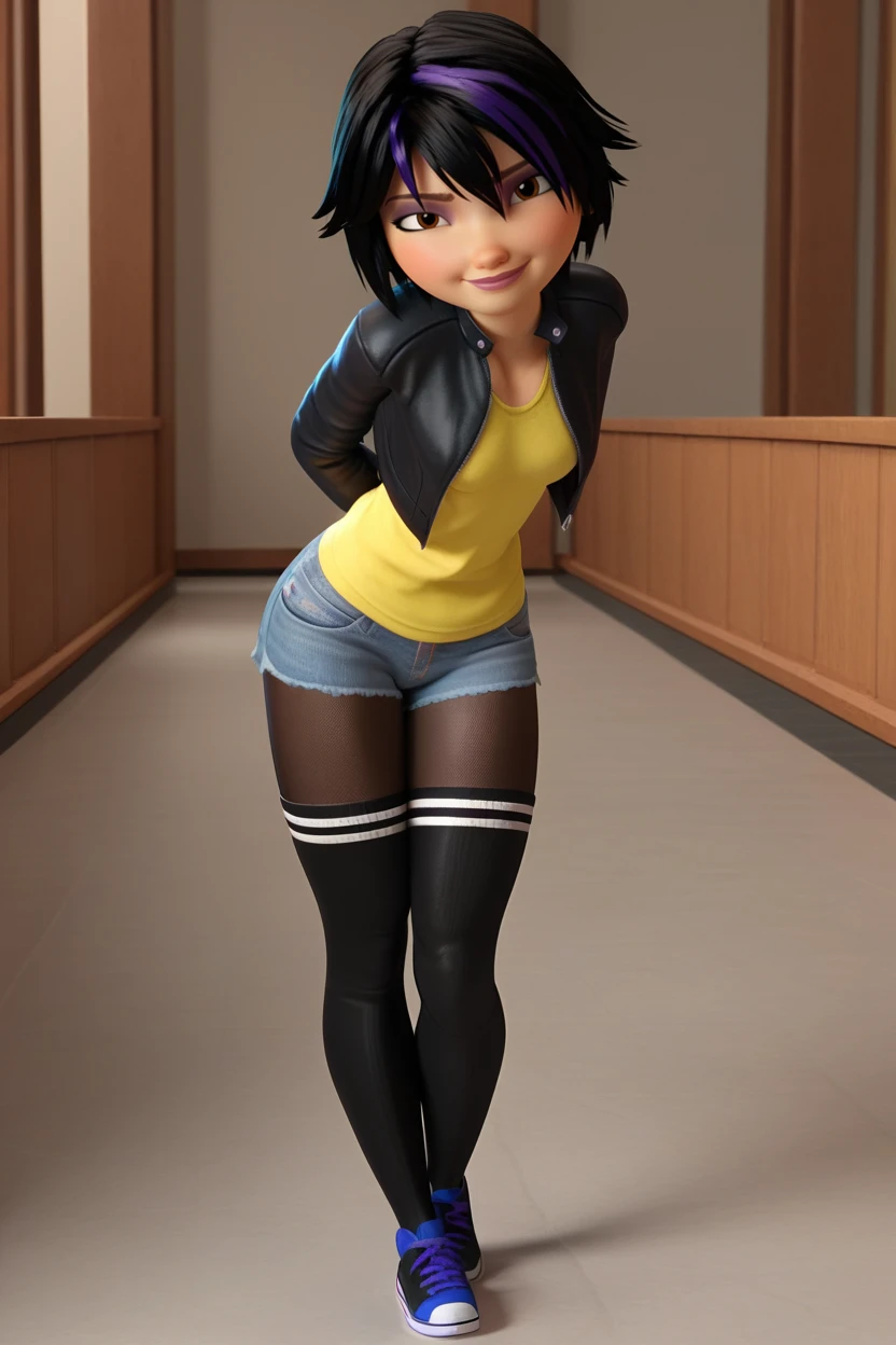 score_9,score_8_up,score_7_up, BREAK ,gogo tomago, 1girl, solo, standing, black hair, short hair, black sneakers, small breasts, 3d, black leather jacket, black leggings, denim short shorts, full body, lips, streaked hair, clenched hands, looking at viewer, brown eyes, yellow t-shirt, open jacket, thighs,white thighband, hands behind back, leaning forward, contrapposto,smile,(from side:0.7),head tilt,indoors   <lora:TomagoPony:1>