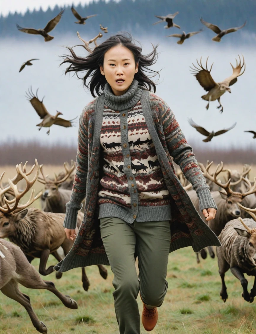 a professional sharp focus absurdres intricately detailed photograph of a beautiful Noémie_Nakai,
running with reckless abandon across a field of antlered beasts and birds, 
wearing slim pants with a long knit cardigan sweater over a turtleneck long-sleeved shirt,
 <lora:Noémie_Nakai-SDXLe15:0.8>