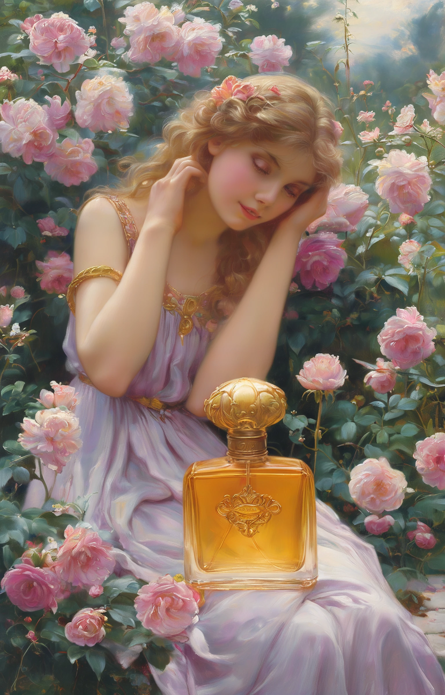 masterpiece,best quality,<lora:tbh270-sdxl:0.9>,illustration,style of Guillaume Seignac A bottle of perfume in garden