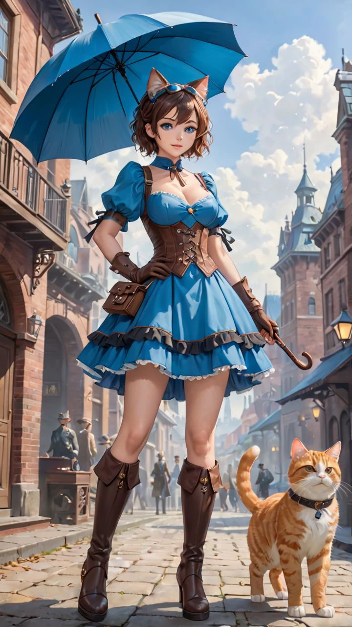 photo bokeh, blured background, 1girl, breasts, looking_at_viewer, short_hair, blue_eyes, skirt, brown_hair, gloves, dress, holding, animal_ears, standing, tail, full_body, outdoors, frills, boots, multiple_boys, sky, solo_focus, day, puffy_sleeves, belt, cloud, cat_ears, fingerless_gloves, armor, high_heels, blue_sky, blue_skirt, cat_tail, blue_dress, umbrella, cat, cat_girl, goggles, building, corset, high_heel_boots, goggles_on_head, pouch, holding_umbrella, city, steampunk