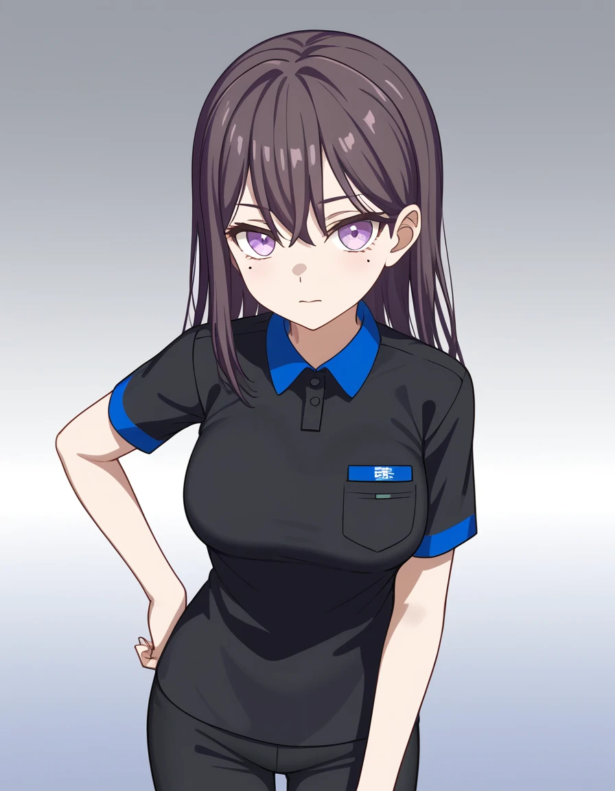 shiiina taki, 1girl, solo, looking at viewer, gradient background, cowboy shot, medium breasts, mole under eye, <lora:shiina_taki_PonyXL_v1.2:1>, employee uniform, black t-shirt, black pants, short sleeves, blue collar, blue sleeves, purple eyes,