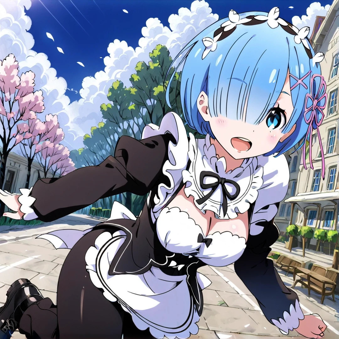 <lora:Rem:1>, rem, medium length sky blue hair that covers her right eye, large light blue eyes, has hair clips towards the left side of her hair, a flower-shaped ribbon on the same side of her hair, a maid hairband, ribbon colouring, wears a hoodie, a cardigan, and jogging pants, large breasts, solo, in a street