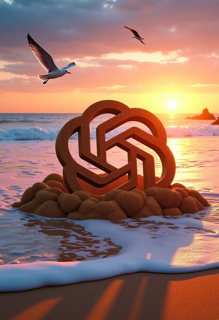 OpenAi logo as a massive sand sculpture on a beach, waves lapping at its base, seagulls flying overhead, and a vibrant sunset painting the sky in warm hues.