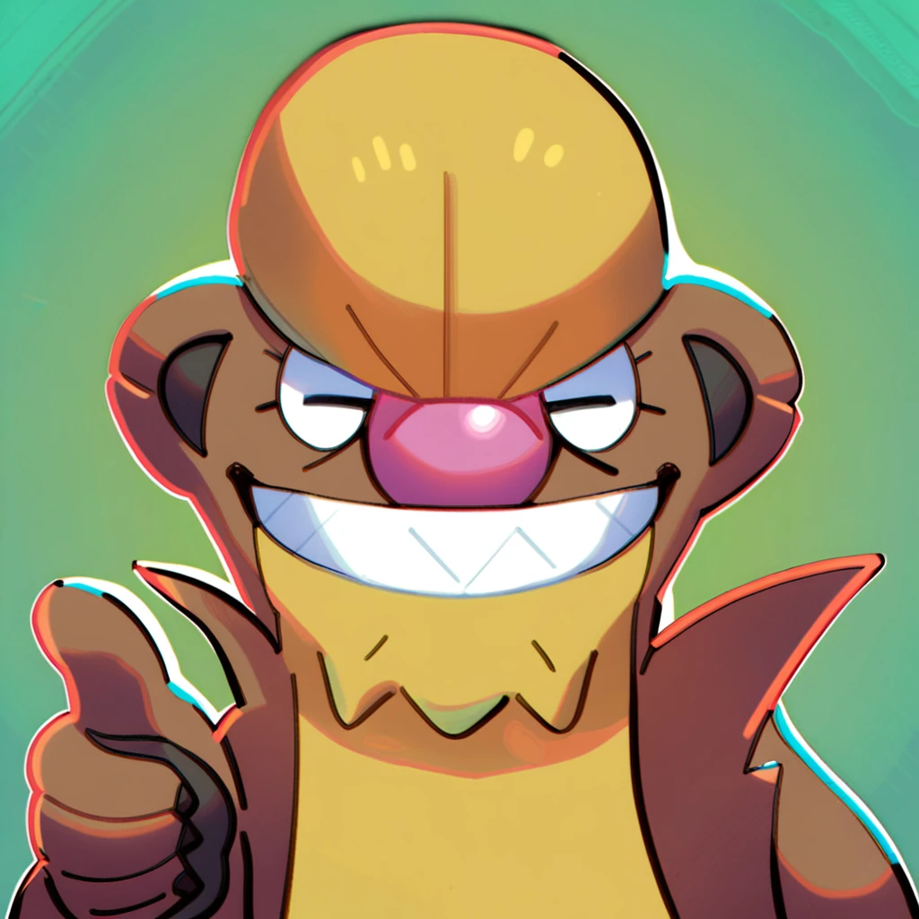 score_9, score_8_up, score_8, furry, Gumshoos, Pokemon (creature), pink nose, blonde hair, cartoon style, 2d, solo, upper body focus, headshot, smile, looking at viewer, thumbs up, shiny teeth, vibrant blue and green gradient background