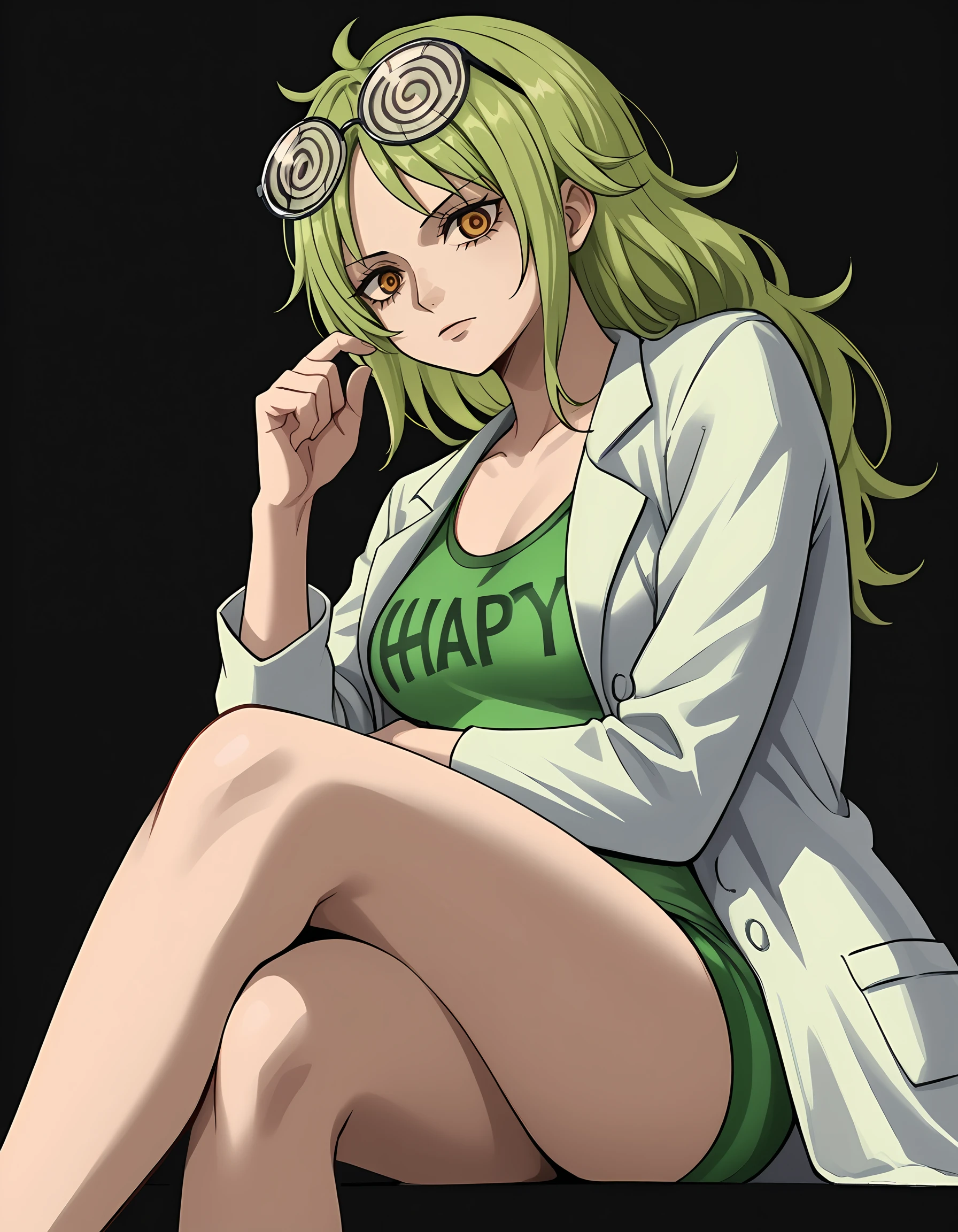 1girl, solo, m0net, green crop top,  clothes writing, human-form, sitting, crossed legs, spiral glasses, eyewear on head, white lab coat, simple black background, <lora:Char - Monet Epoch 10:1>