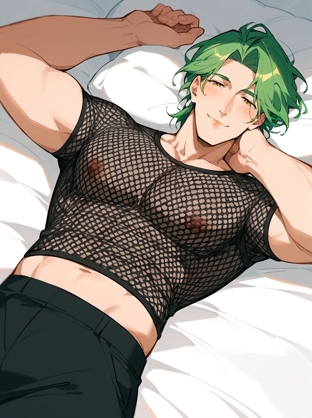 <lora:Chikage:1> <lora:AFAE:0.5>
1boy, bishounen, male focus, mature male
score_8_up, score_7_up, score_6_up, source_anime, solo, on bed, from below
green hair, smile
 <lora:fishnettop:1> fishnet top
black pants