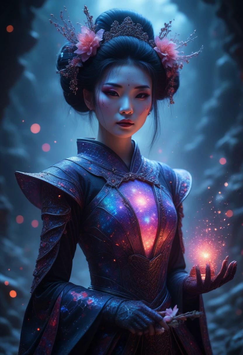 glowing galaxy cracks, A professional photography of a gothic geisha with whimsical elements, surrounded by an magical and eerie fairytale landscape with sparkling crystals and colorful flowers, awesome appearence, fantastic cyberpunk art concept, intricate details, trending on artstation, masterpiece, 8k