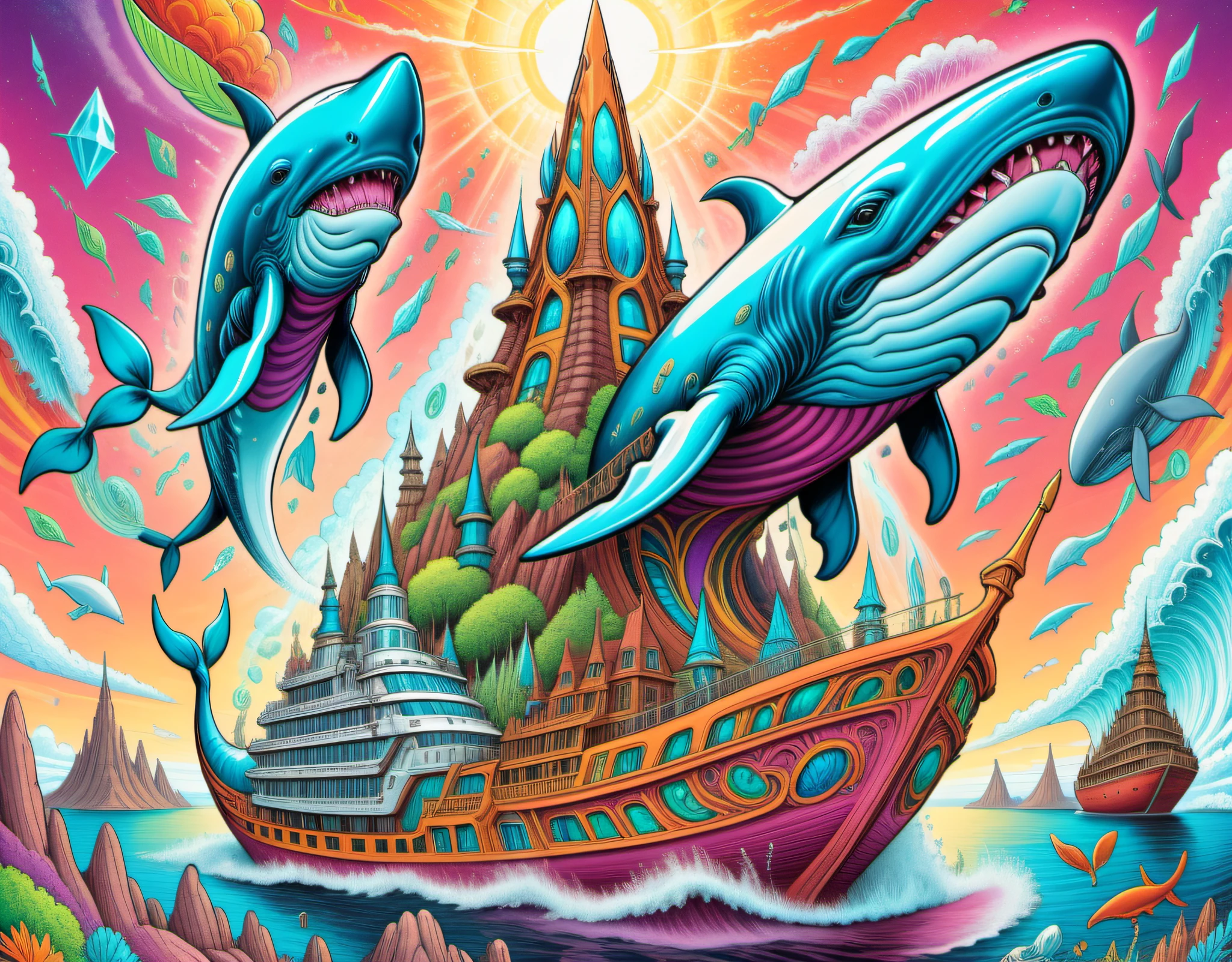 Hyperrealistic, crystal-clear color line art color lineart sketch, lsd-style,trippy, fine line art with super sharp details and vivid colors, intricate textures, and pristine clarity, landscape of a Lively (Alien Spire:1.3) and Whaling ship, Clear skies, iconic superheros, wizardry, detailed and lifelike animal portraits, community engagement, colorful, Meditative, bold and expressive brushwork, bold colors, elaborate, Intricate detail, color line art, color pencil sketch., extremely stylish, epic composition, cinematic perfect intricate stunning fine detail, sunny <lora:Projext_X2:1>