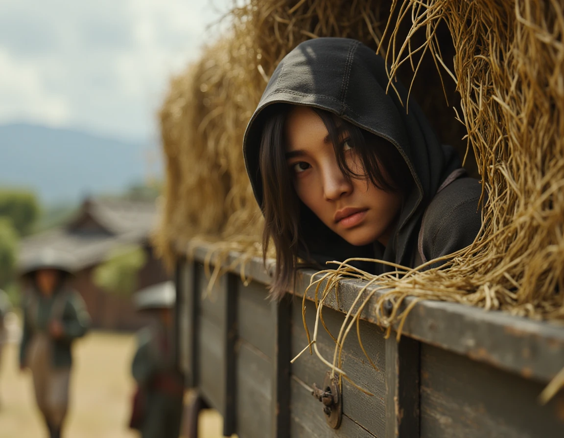 An oil painting of a ACNaoe woman with dark brown, shoulder-length, and slightly messy hair wearing a hood peeking out of a large wagon filled with hay in a feudal Japanese village