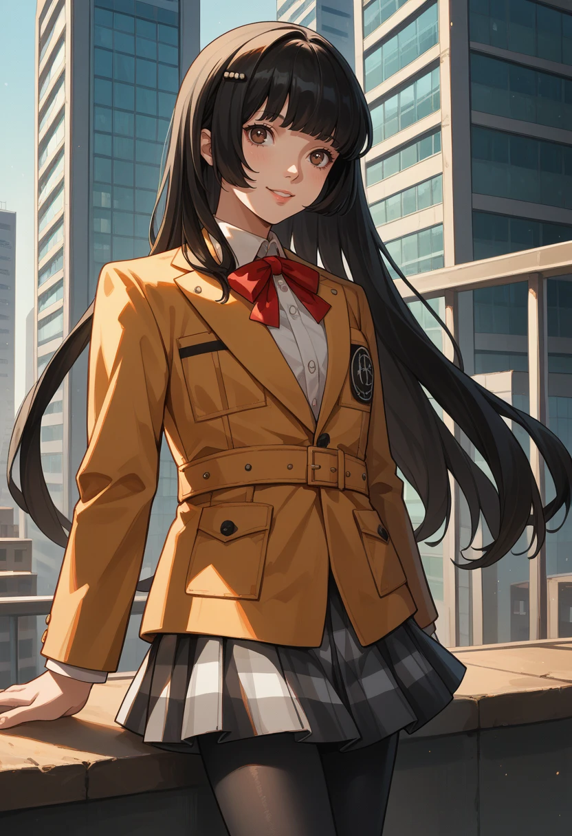 score_9, score_8_up, score_7_up, source_anime, 1girl, smile, looking at viewer, city, daytime
<lora:zs_RikoV2XL:1> rikop5x, black hair, very long hair, blunt bangs, hairclip, brown eyes, blazer, shirt, red ribbon, plaid skirt, black pantyhose