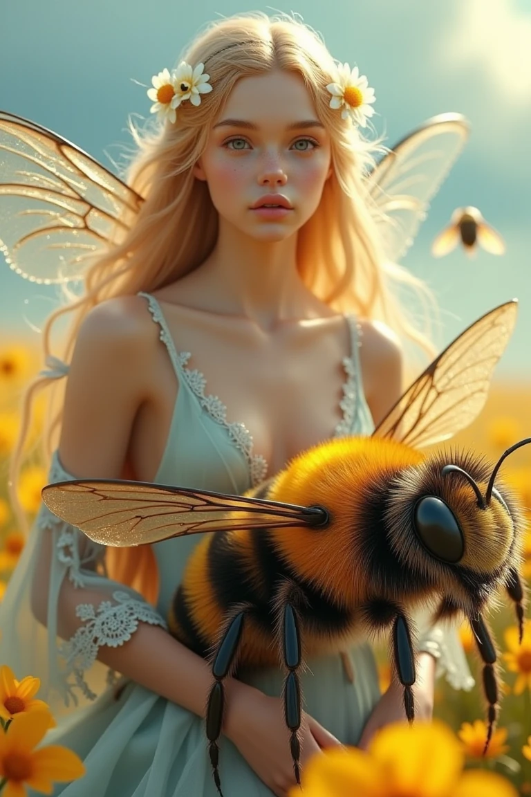 The image is a highly detailed, photorealistic CGI artwork depicting a fantastical scene. A young woman with long, flowing, golden-blonde hair adorned with delicate white flowers is riding on a large, vibrant bumblebee. The woman's skin is a soft, peachy tone, and she has a serene expression. She is wearing a delicate, sheer, light blue, long-sleeved dress with intricate lace detailing around the edges.