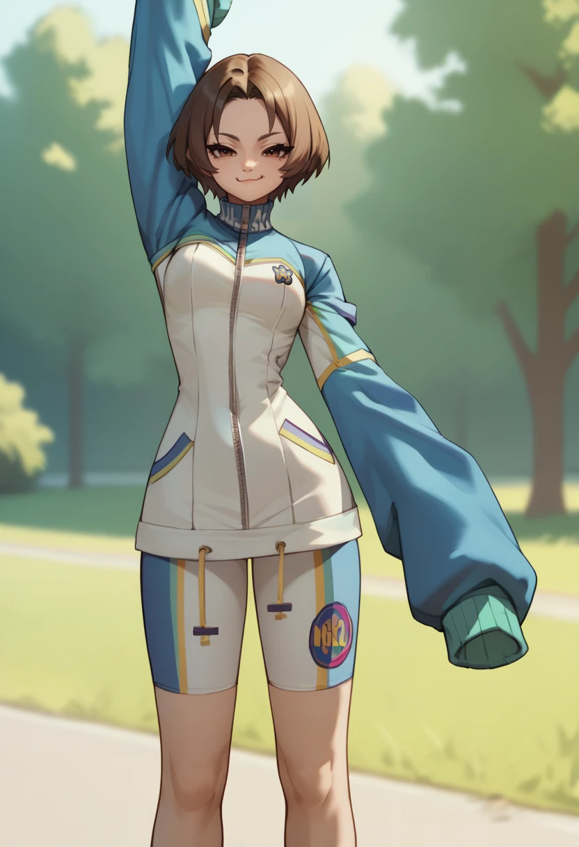 score_9,score_8_up,score_7_up,score_6_up,
urikoxl,brown short hair,brown eyes,smug,
blue track jacket,sleeves past wrists,white bike shorts,
solo,teasing,stretching,hips,
outdoors,
<lora:Urikoxl:0.9>,