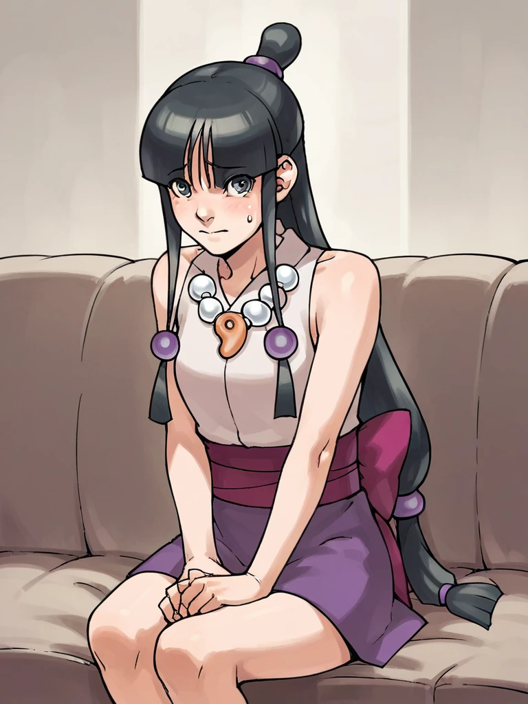 score_9, score_8_up, score_7_up, 
1girl, maya fey, black hair, blunt bangs, long hair, half updo, topknot, low-tied long hair, black eyes,

sitting, couch, nervous, looking at viewer, 

short kimono, sleeveless, geta, 
