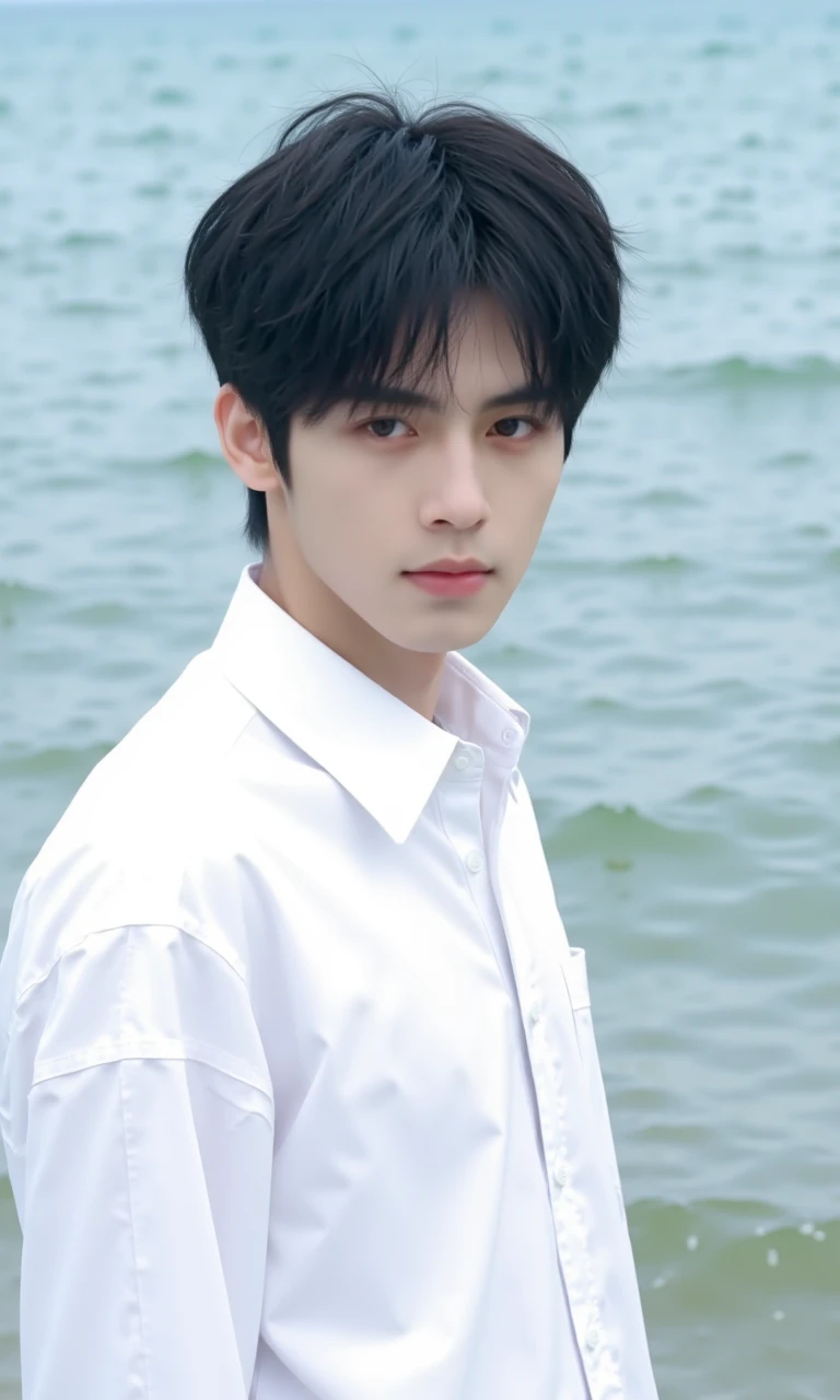 solo, 1boy, male focus, shirt, black hair, white shirt, realistic, collared shirt, upper body, water, looking at viewer, black eyes, long sleeves, ocean, beach, short hair, outdoors，Positively facing the audience