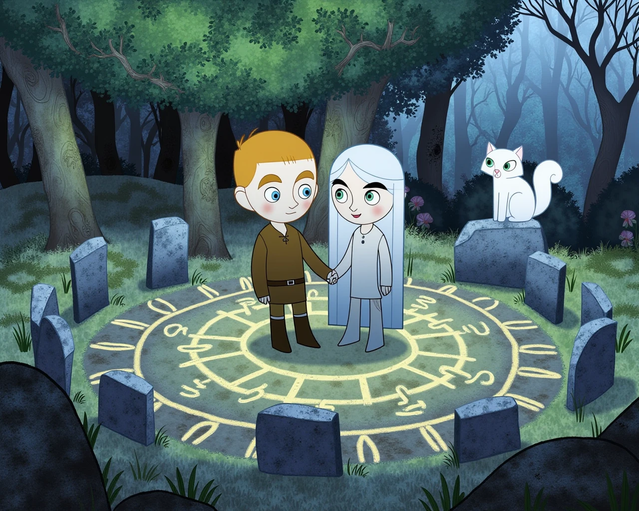 SecretKells, animated characters Brendan SecretKells and Aisling SecretKells standing together in the center of an ancient circle of stones, glowing runes beneath their feet, a soft breeze flowing through the forest, cat PangurBan SecretKells perched on a nearby rock, mystical and magical scene.