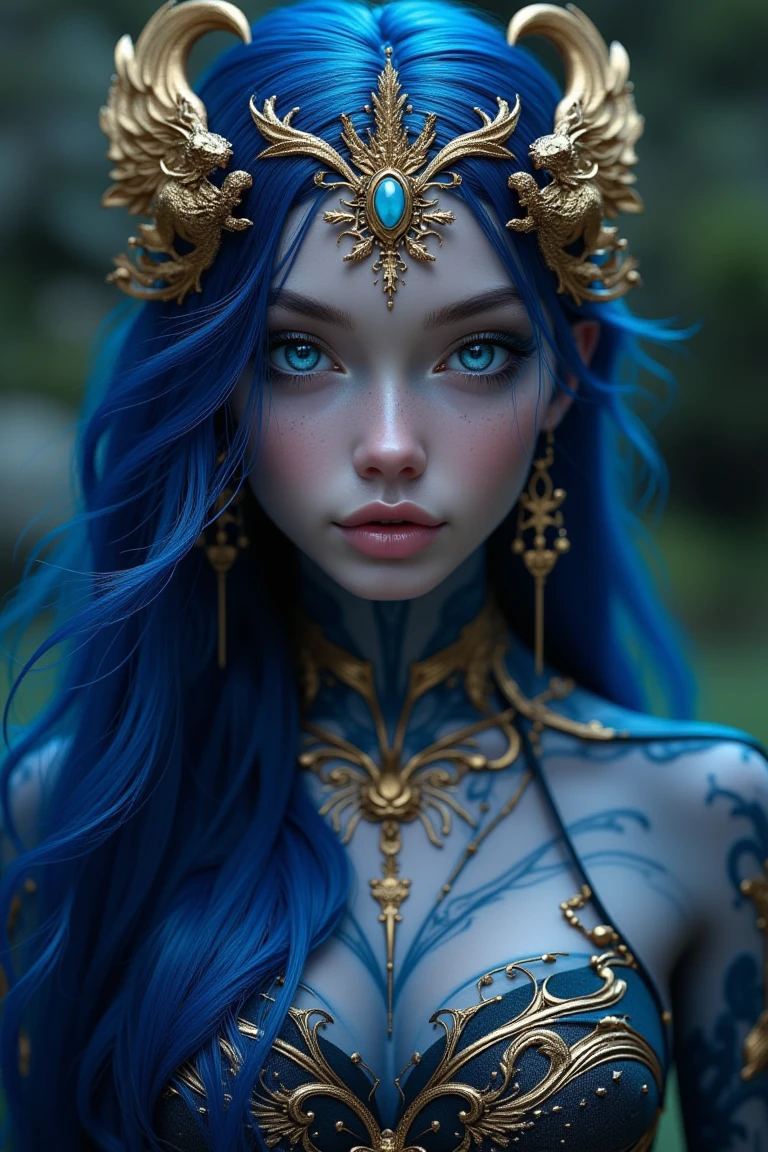 This is a highly detailed digital artwork in a fantasy art style. The subject is a young, ethereal woman with a striking, otherworldly appearance. She has long, flowing, dark blue hair that cascades down her back, adorned with intricate, shimmering gold details that match the gold accents on her face and body. Her skin has a soft, luminescent blue hue, which contrasts beautifully with her bright, piercing blue eyes and rosy lips.