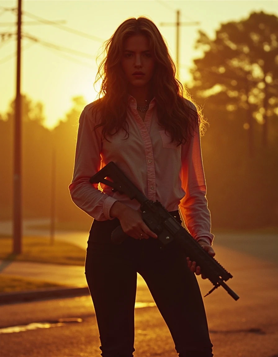 Cinematic, golden hour lighting, Ultracam 35mm, 80s photography,  full body shot, Ultra realistic, ultra detailed textures, outdoors creepy school yard, preppy 19 year old beauty, loose long hair, her 80s  casual attire and edgy pose commanding attention.She is holding a flare gun,  looks sexy and serious, looking at the viewer with a sinister intent as she stands front and center, bathed in brown lights, accentuates her striking features  <lora:Final_Girls:1.2>