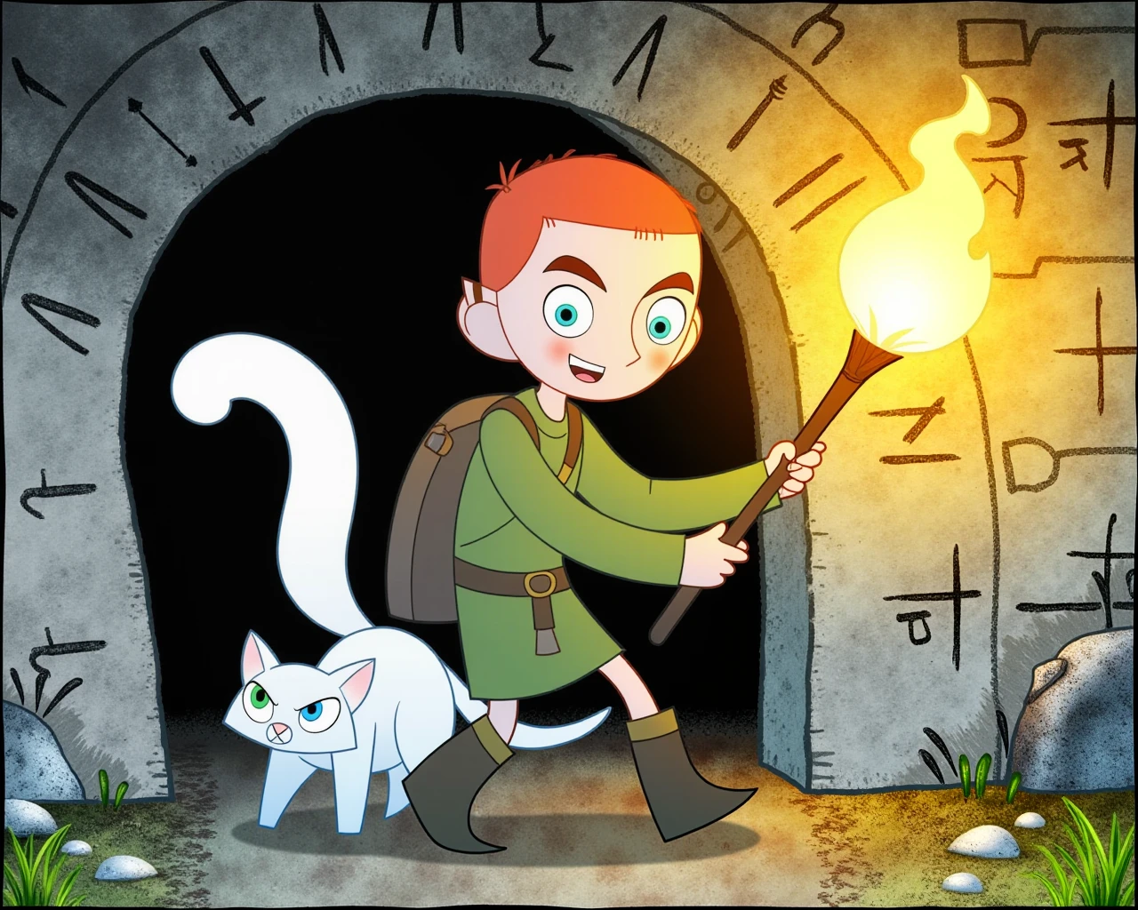 SecretKells, animated character Brendan SecretKells carrying a glowing torch through a dark tunnel, the walls lined with ancient runes, his face illuminated by the flickering light, sense of tension and discovery, white cat PangurBan SecretKells cautiously following behind, stylized animation