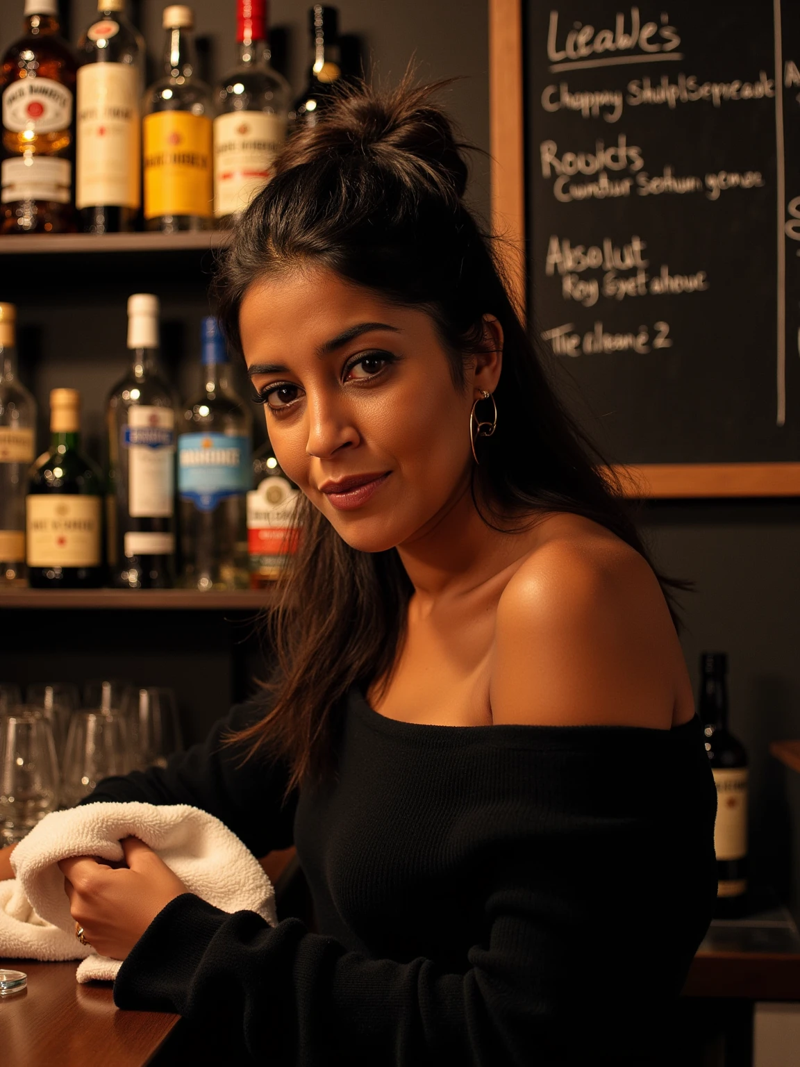 this is leilabekhti.
The image is a high-resolution photograph of leilabek taken in a dimly lit, cozy bar. A woman with medium brown skin and long, dark hair tied back in a loose bun is the central subject. She is dressed in a black off-shoulder top and appears to be in her late 20s or early 30s. She is looking towards the camera with a neutral expression. Her left hand holds a white towel, and her right hand is reaching for a glass on the counter in front of her. 
The bar counter is cluttered with various bottles of liquor, arranged neatly on a shelf behind her. The bottles include brands like Jack Danielâs, Bacardi, and Absolut, among others, with different shapes and colors. There are also wine bottles and glassware visible. The background features a chalkboard menu on the right side, partially visible, listing food and drink options. <lora:Leila-Bekhti_Flux1D_LOREVER:1>