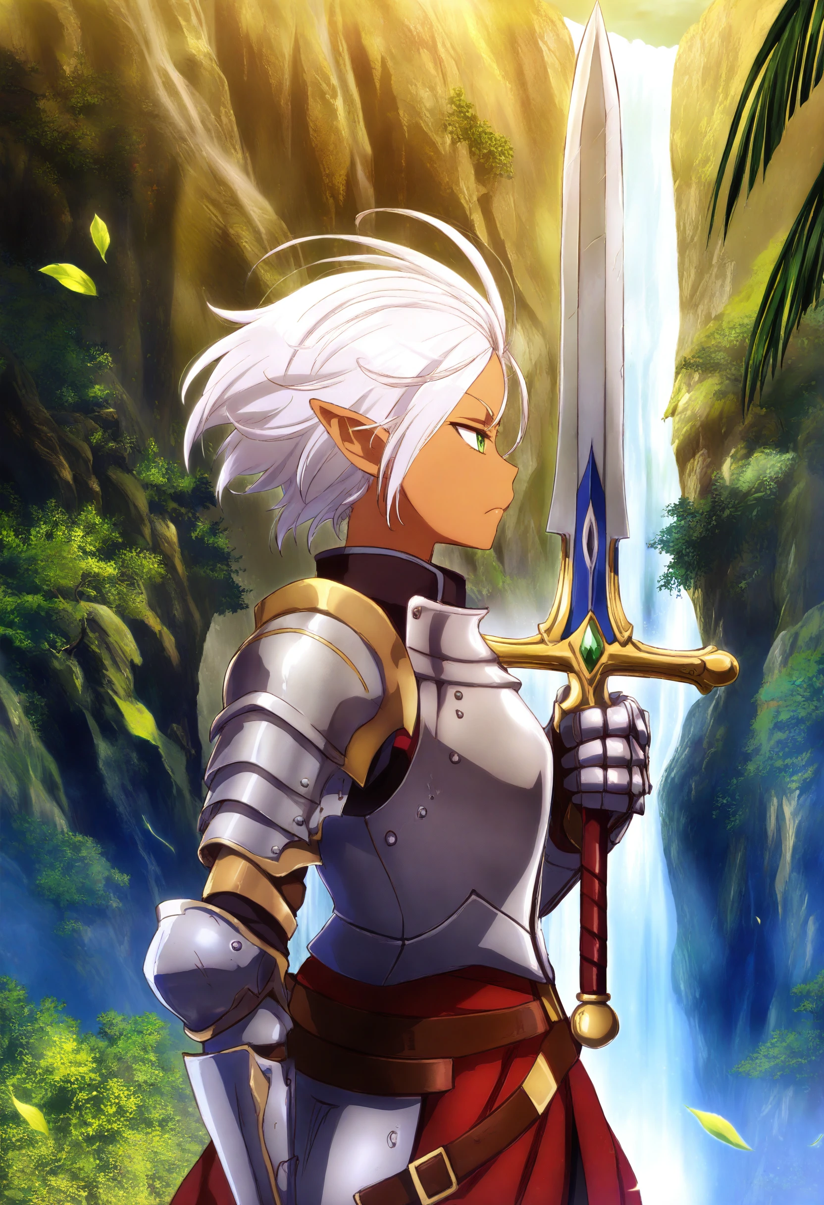 highres,absurdres,masterpiece,best quality,(anime screencap:0.5),<lora:MeMaV3_ill>,scenery,from side,upper body,1girl,dark-skinned female,half-closed eyes,pointy ears,holding large sword,armored dress,white hair,very short hair,loose hair strand,green eyes,wind,frown,dungeon,waterfall,