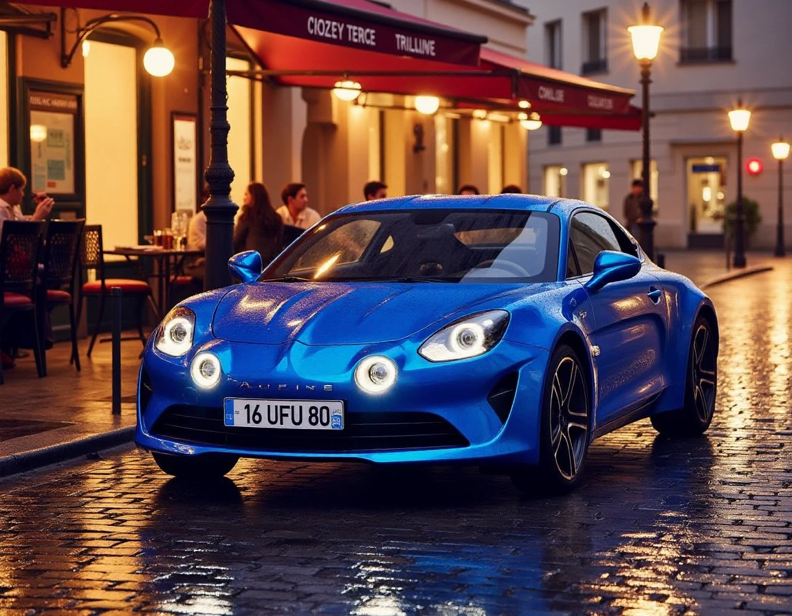 The Alpine A110 sits gracefully on a rain-soaked cobblestone street in Paris, its sleek, blue body gleaming under the soft glow of cafÃ© lights. Raindrops glisten on its smooth curves, reflecting the warm amber hues from nearby lampposts and the vibrant neon signs of cozy cafÃ©s lining the street. The wet cobblestones beneath the car shimmer, mirroring the cityâs lights, while the faint hum of Paris nightlife echoes in the background. The Alpineâs signature round headlights pierce through the misty drizzle, contrasting its modern, aerodynamic design with the timeless charm of Parisâs historic streets. The scene exudes a blend of elegance and cinematic romance, with the car as the perfect embodiment of refined performance.
It writes "16 UFU 80" on the license plate.
 <lora:uai_AlpineA110_v206:1>