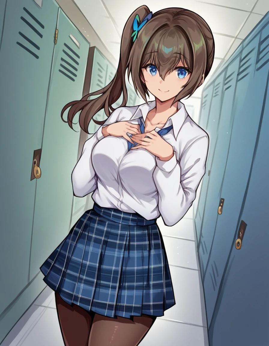 masterpiece, HQ, 4k, detailed face, hyper realistic, brown hair, high ponytail, 16yo teen girl, slender, petite, skinny, walking, school interior corridor, shy, blushing, humiliated, ((dark blue plaid pleated skirt)), sunlight on skin, large boobs, angry, upset, sad, (holding book pile in hands), topless, bare chest