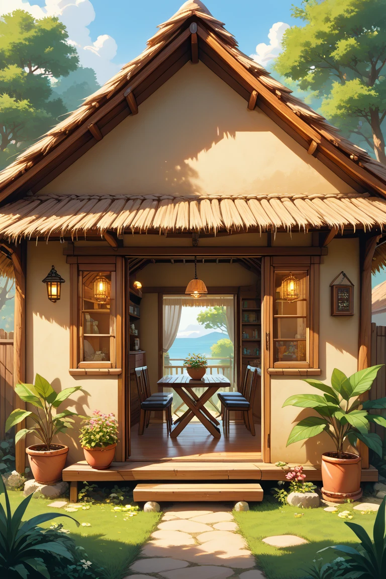 score_9, score_8_up, score_7_up, source_anime, rating_safe, day, natural lighting, straw hut focus, hut_tree, hut_clutter, hut_plant, hut_table, hut_chair, hut_door, hut_window, intricately detailed illustration, Candihut, wide shot, negative space, outdoors-indoors