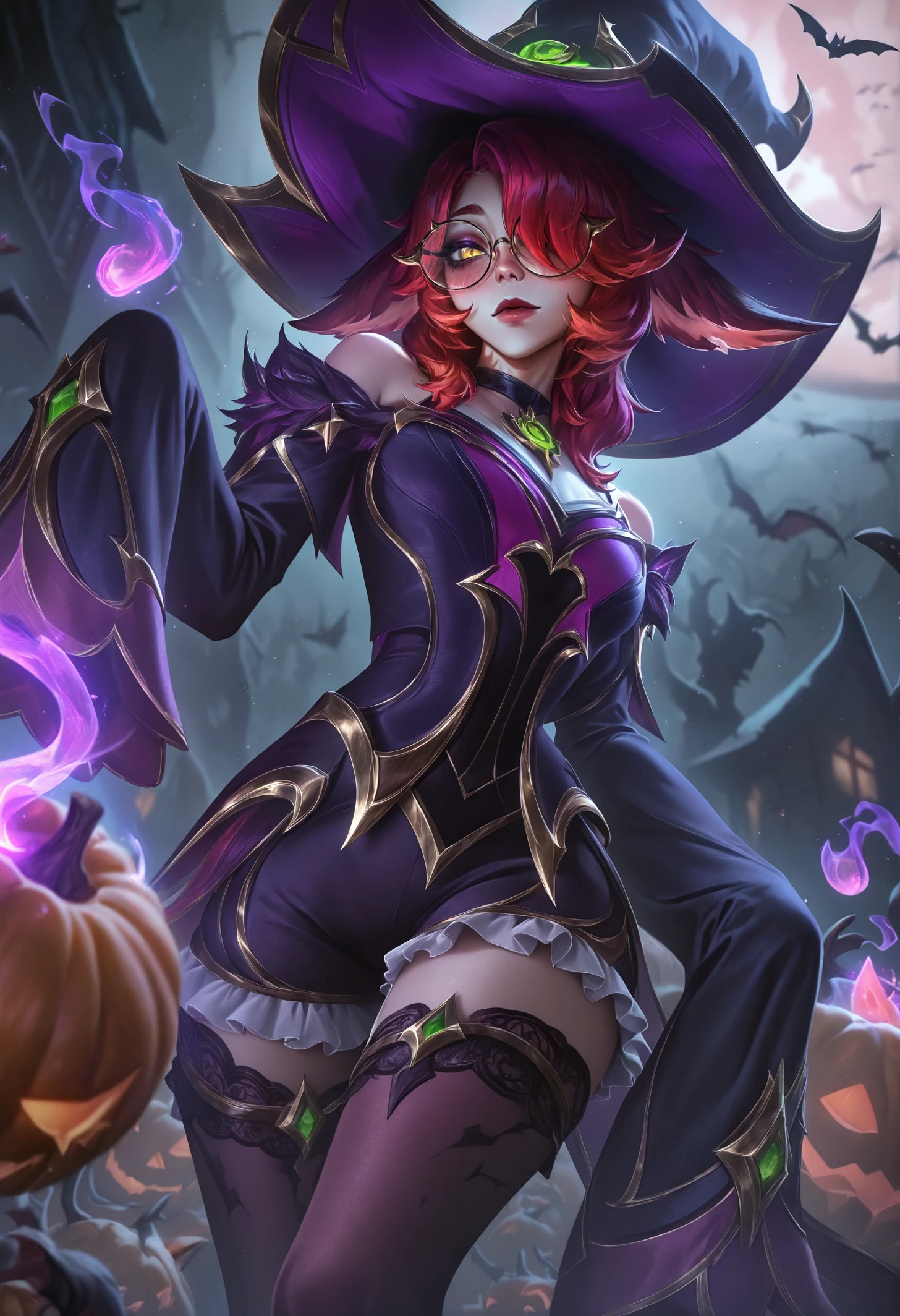 best quality, masterpiece \(quality\), L0LSPL4SH, year2024, year2023, trick or treat, bewitching 1girl, West Studio, sixmorevodka, red hair, medium hair, hair over one eye, antlers, ears down, floppy ears, blurry foreground, blurry background, yellow eyes, horizontal pupils, deer girl, frilled shorts, thighlet, frilled thighhighs, sleeves past fingers, choker, hair over one eye, looking at viewer, round eyewear, blush, witch hat, magic, pumpkin, bat, soul gem, hitodama, <lora:L0LSPL4SH_IllustriousXLv01:1>