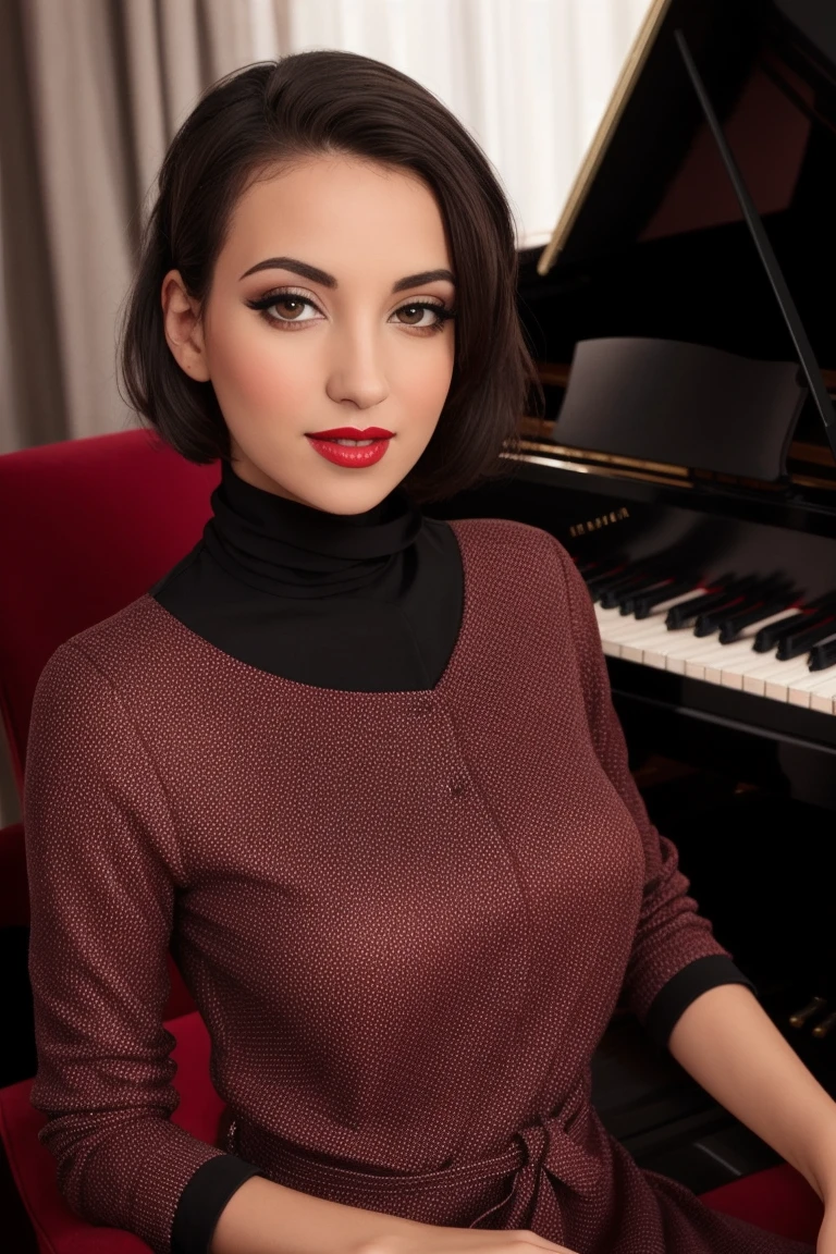 <lora:janadefi:0.6>, janadefi, ((fully clothed, modest)) a photo of a woman, sitting  at a piano, slight smile, ((detailed eyes, detailed face)), red lipstick, blush, short hair