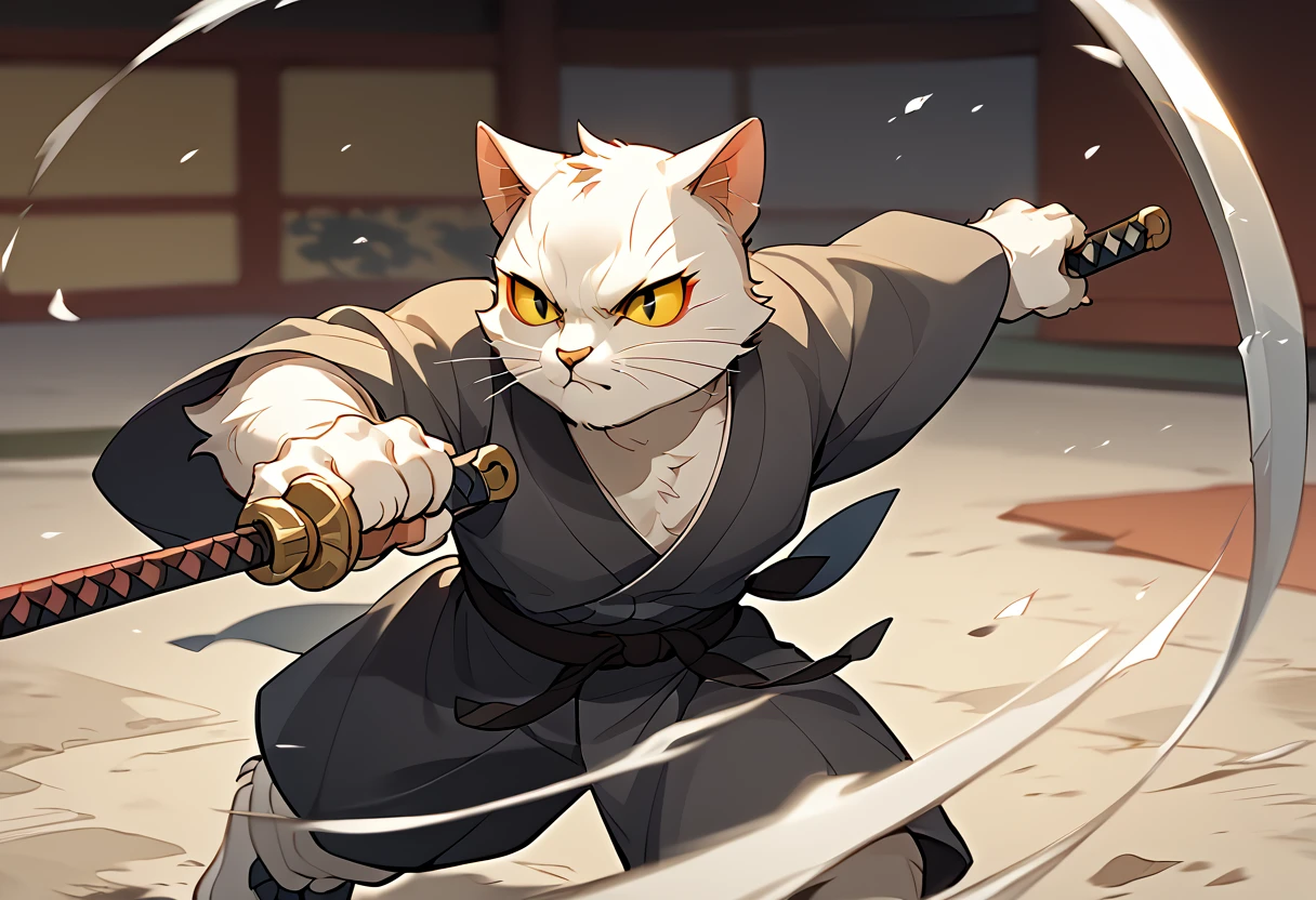 score_9, score_8_up, score_7_up, high quality, hires, solo, libing, whitecatlegend, solo, whiskers, cat, furry, yellow sclera, yellow eyes, action pose, running, holding sword, white body, black japanese clothes, <lora:Li_Bing_White_Cat_Legend:1>