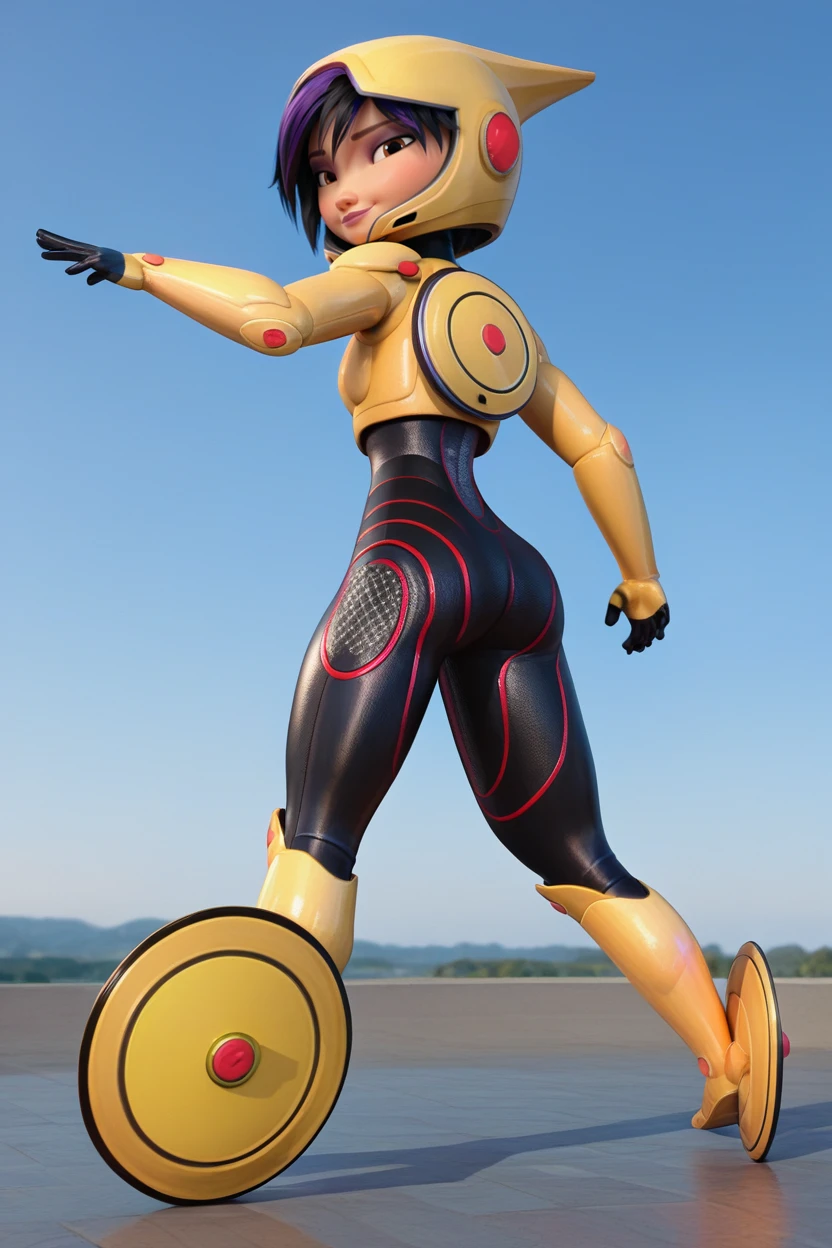 score_9,score_8_up,score_7_up, BREAK gogo tomago, 1girl, solo, yellow helmet, yellow power suit, ass, black hair, short hair, black bodysuit, brown eyes, yellow boots, full body, looking at viewer, lips, purple hair, skin tight, 3d, thighs, smile, disc on hand, disc on foot, looking back, black gloves, official style   <lora:TomagoPony:1>