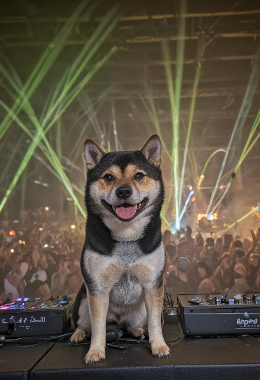 (kipo:1.5), shiba inu, realistic, 
wide shot, view from crowd, 
tongue out, DJ at music festival, on stage, behind turntables, raised paw, massive crowd, 
dim lighting, (bright neon lights, lasers), 
smoky, 
sparks, blurry background