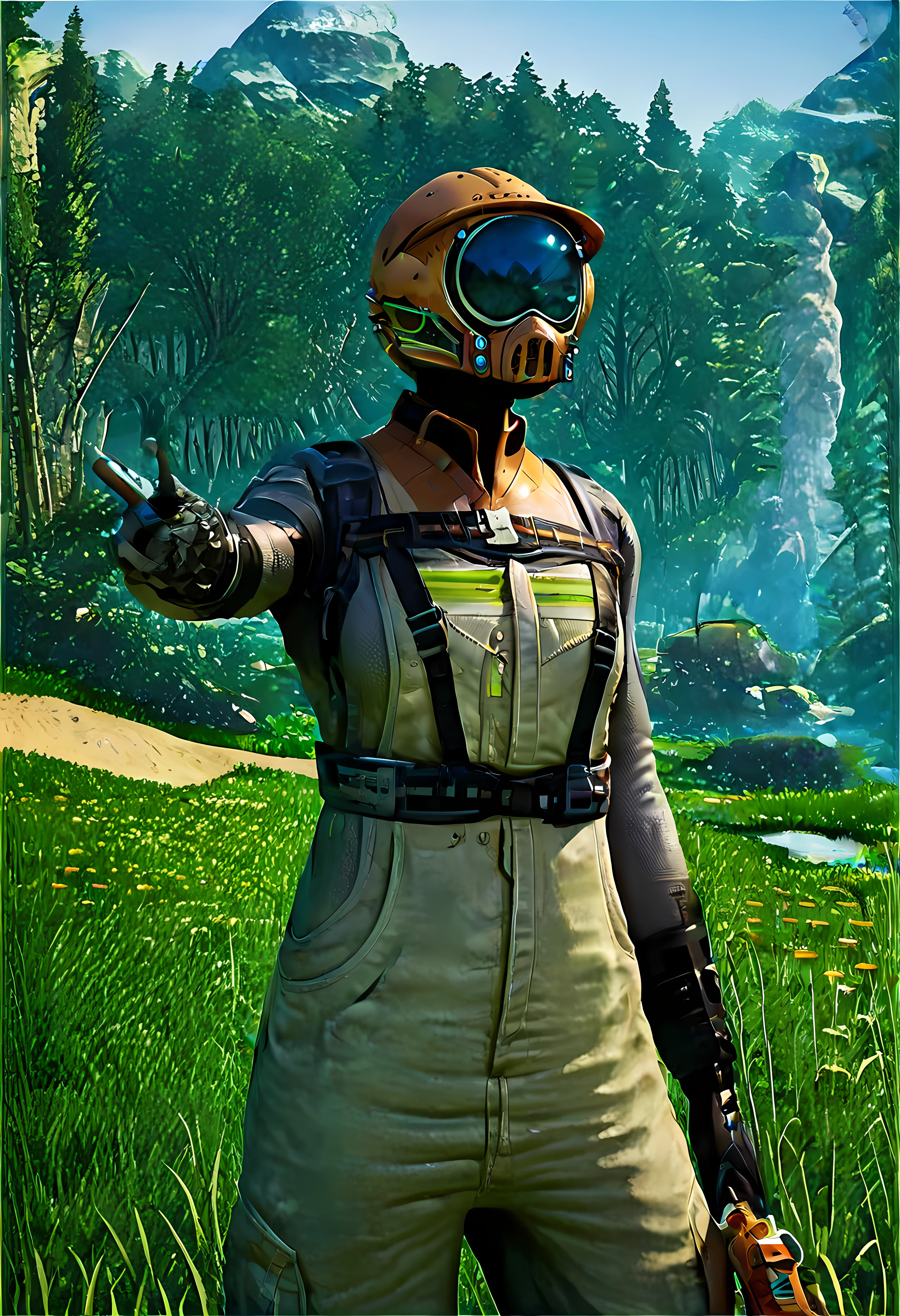 score_9, score_up_8, score_up_7, score_up_6, pioneer, worker suit, worker, <lora:Satisfactory_pioneer_suit:1>, luxurious green forest background