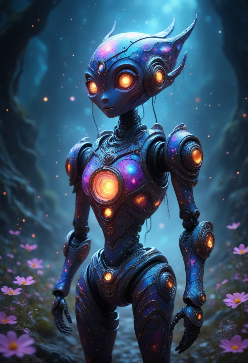 glowing galaxy cracks, professional photography of an fantastical cute robot with whimsical elements, flowers and swirling magic, eerie fairytale landscape, elaborate fantasy style art, very colorful, intricate details, ultra sharp, exquisite detail, flawless composition, vivid colors, masterpiece, exciting background,