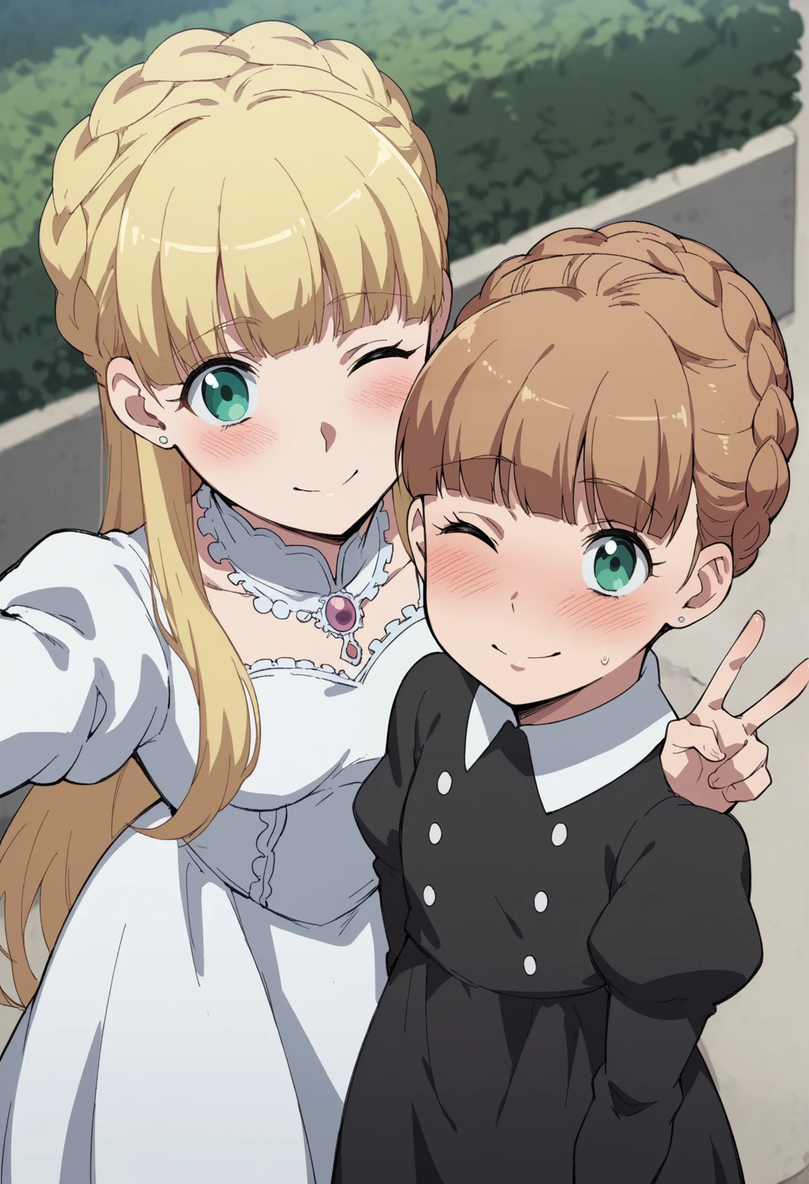 2girls, selfie, v, outdoors, from above, smile, wink, 1girl, long hair, blonde hair, aqua eyes, french braid, single sidelock, white dress, puffy sleeves, long sleeves, supportasse
BREAK
2girls, selfie, v, outdoors, from above, embarrassed, blush, closed mouth, 1girl, brown hair, purple eyes, blunt bangs, french braid, black dress, puffy sleeves, long sleeves
 <lora:Aldonoah:0.8>, score_9, score_8_up, score_7_up, score_6_up, score_5_up, score_4_up, BREAK source_anime, masterpiece