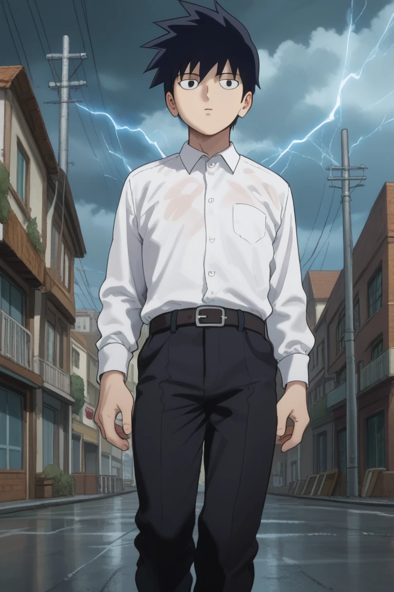 score_9,score_8_up, score_7_up, score_6_up,
ritsu kageyama, black hair, black eyes, official style, 1boy, male focus, solo, shirt, lightning, cloud, sky, cloudy sky, white shirt, pants, electricity, outdoors, anime coloring, black pants, building, open mouth, belt