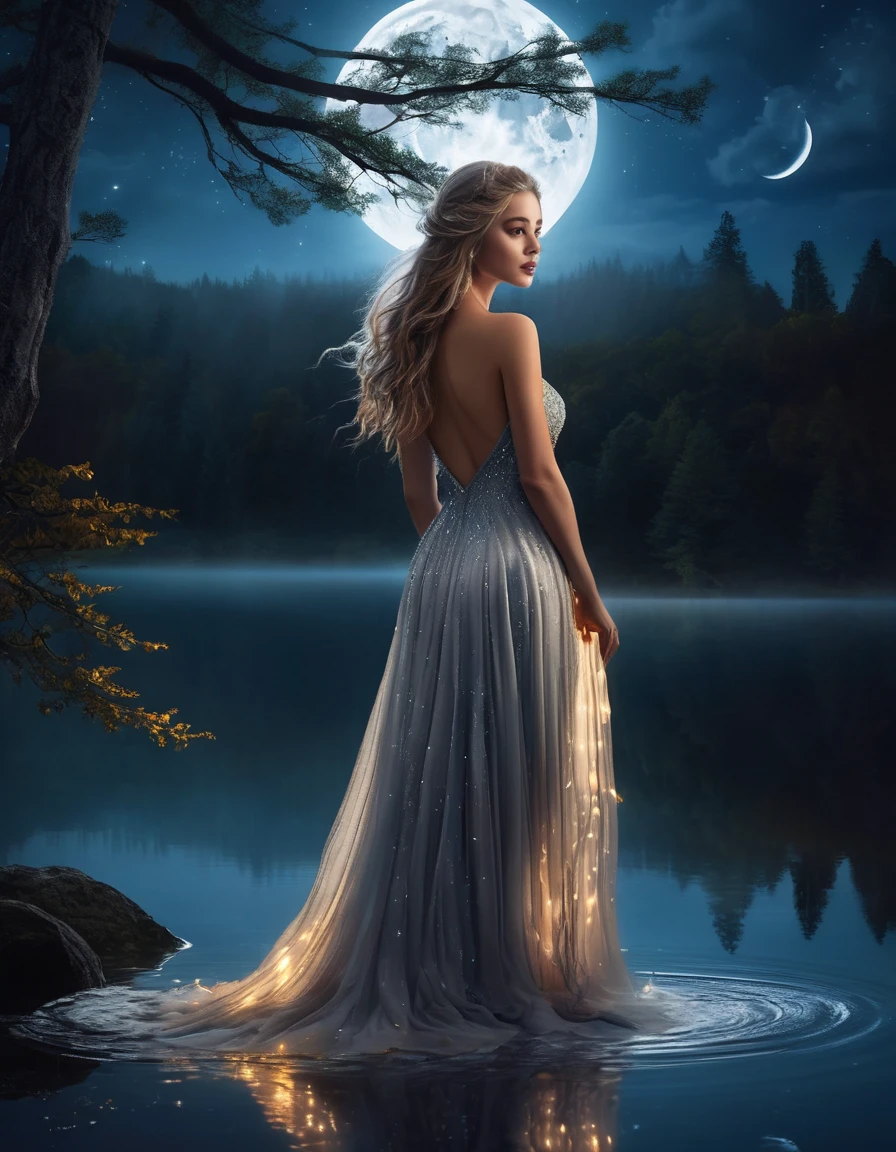 (Masterpiece:1.2), (best quality:1.2), (ultra detailed), (cinematic lighting:1.1), (surreal, dreamlike setting), a captivating woman standing at the edge of a serene moonlit lake, her long ethereal gown made of shimmering silver threads (flowing in the wind:1.1), her hair moving gently in the cool night breeze, reflecting the light of the full moon above, (glowing eyes:1.1) filled with longing and mystery, lips slightly parted, (delicate expression of sensuality), fireflies floating softly around her, casting golden orbs of light, (mist swirling around her bare feet:1.1), the calm lake reflecting the stars and moon like a mirror, (whispering forest) in the background, the entire atmosphere thick with quiet magic and intimate mystery, the scene filled with a (surreal mix of sensuality and fantasy:1.2), pureerosface_v1, Expressiveh, perfecteyes, realistic, <lora:DnDDarkestFantasy:1>, <lora:MermerovDiffusion:1>, ambient, highly intricate, elegant, dynamic, cinematic, sublime, sharp focus, great composition, dramatic divine, symbolic, rich deep colors, amazing fine detail, striking, epic, stunning, gorgeous, inspiring, brilliant, futuristic, best, romantic, surreal, contemporary, modern, color