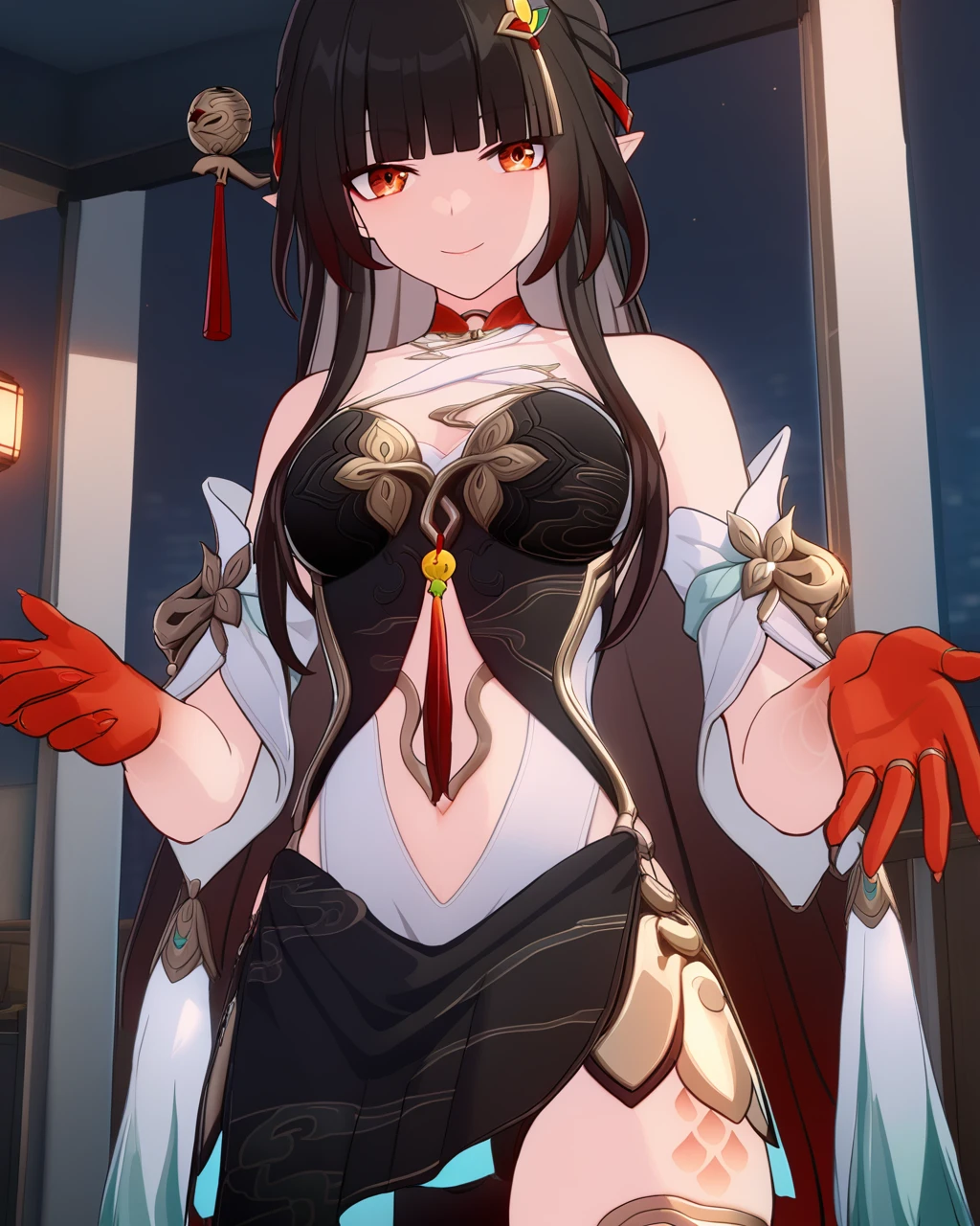 <lora:lingsha_reisa_animagine30_loraplus-000015:0.9> game cg, 1girl, lingsha, red limbs, orange eyes, black hair, multicolored hair, long hair, bangs, pointy ears, hair ornament,  chinese clothes, dress, china dress, detached sleeves, navel cutout, clothing cutout, leg tattoo, thigh strap, 
smile, cowboy shot,, masterpiece,best quality,