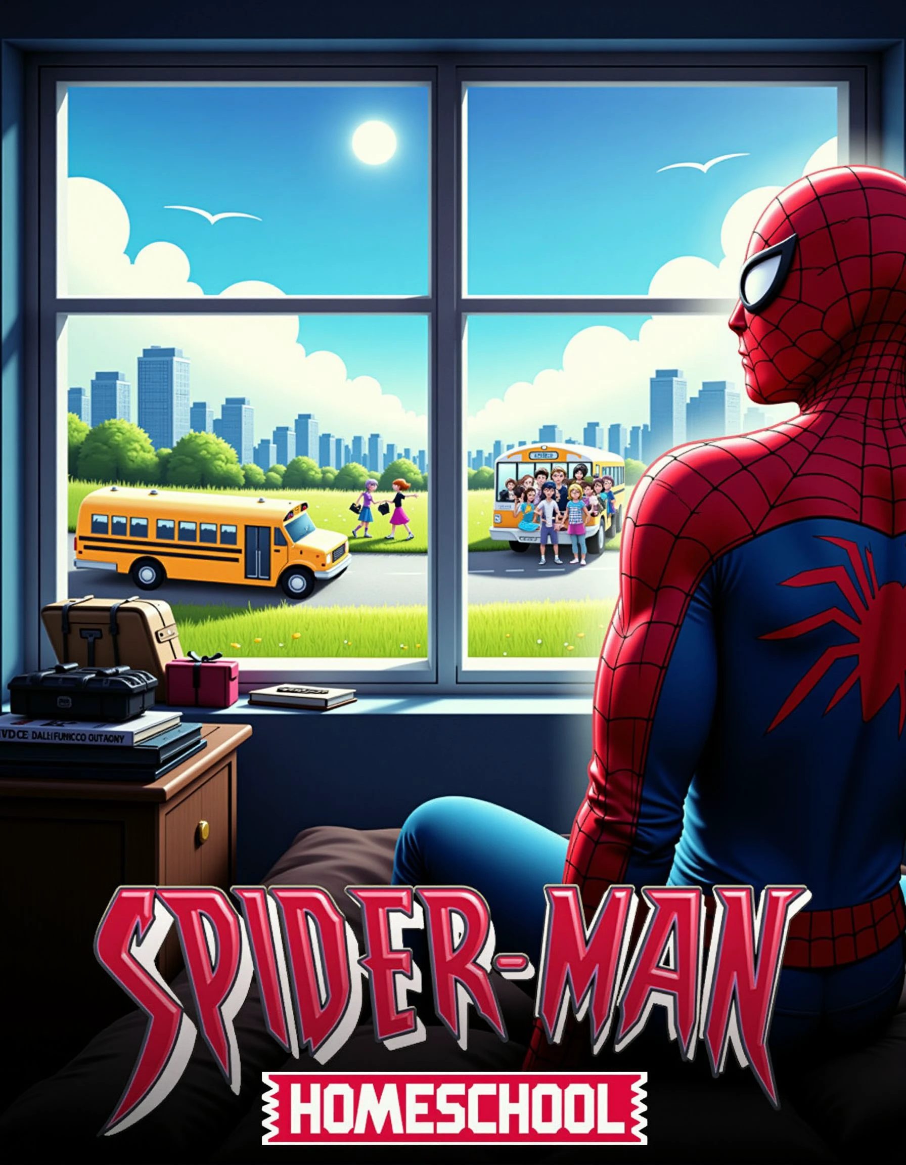 <lora:EverlyHeightCoverArtFLUX:1> A poster for "Spider-Man: Homeschool" where Spider-Man sits by the window and watches the bus pull away with with friends.