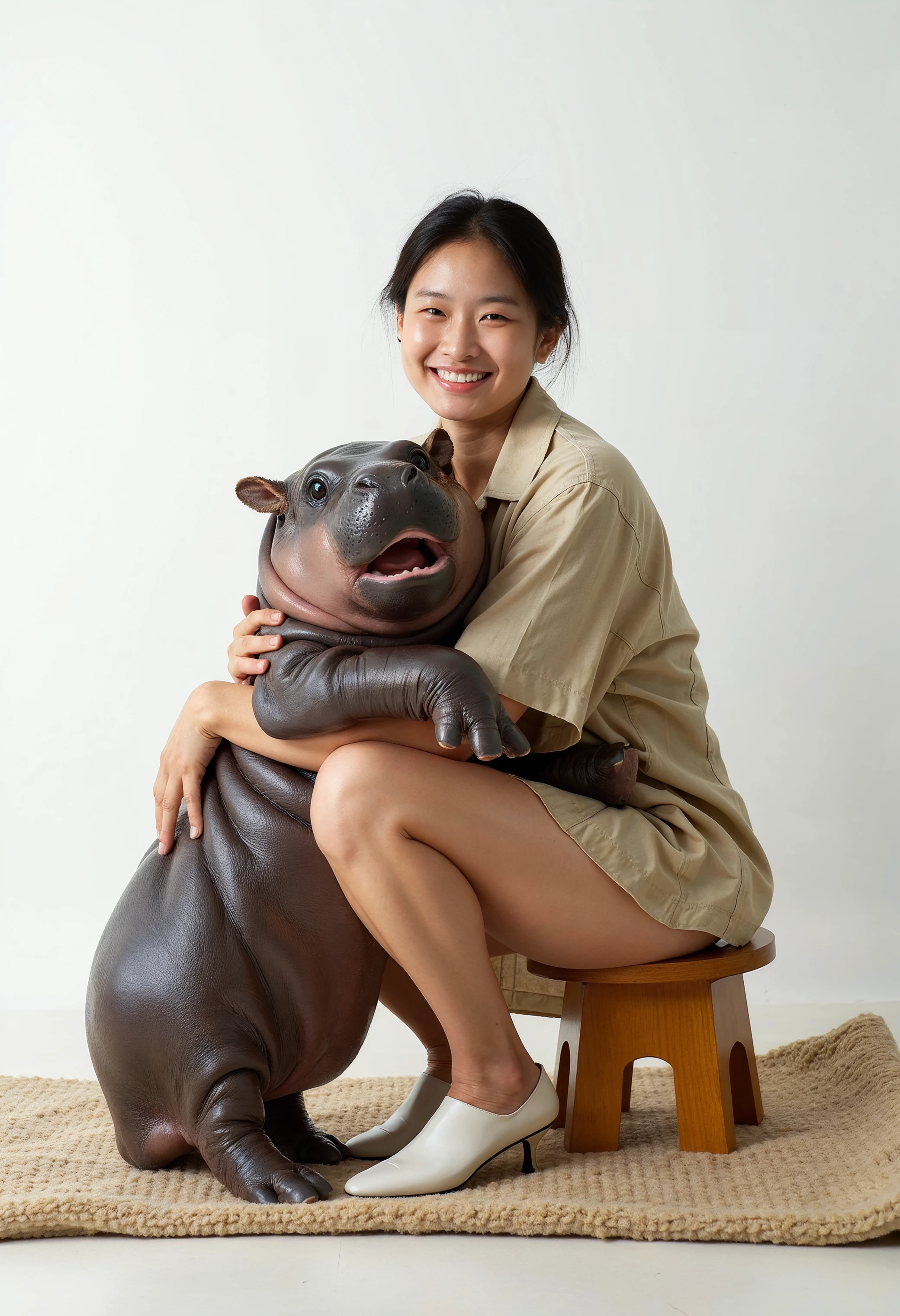 A foreign tourist hugging a moo deng baby hippopotamus in a professional photo studio, stock photo style, soft lighting, neutral white background, simple props like a stool or rug, warm and friendly expressions, polished and clean composition, high-quality lighting and textures, suitable for commercial use.